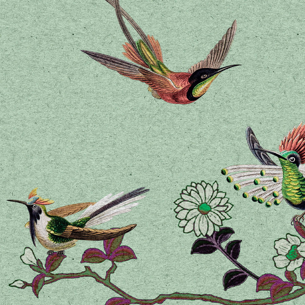             Fototapete »madras 1« - Grünes Blüten-Motiv mit Vögeln auf Kraftpapier-Struktur – Glattes, leicht glänzendes Premiumvlies
        