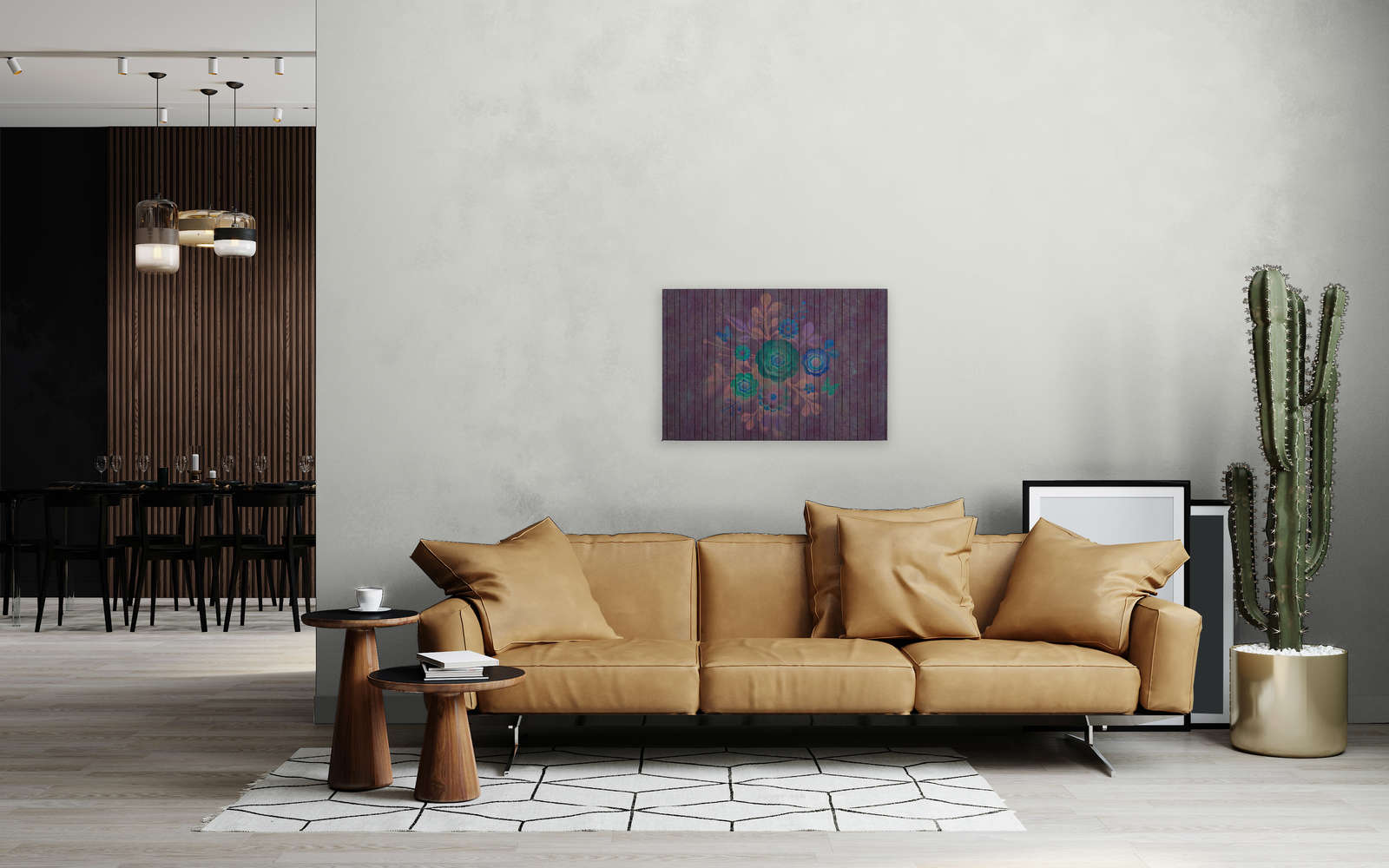             Spray Bouquet 1 - Leinwandbild mit Blumen auf Bretterwand - Holpaneele breit – 0,90 m x 0,60 m
        