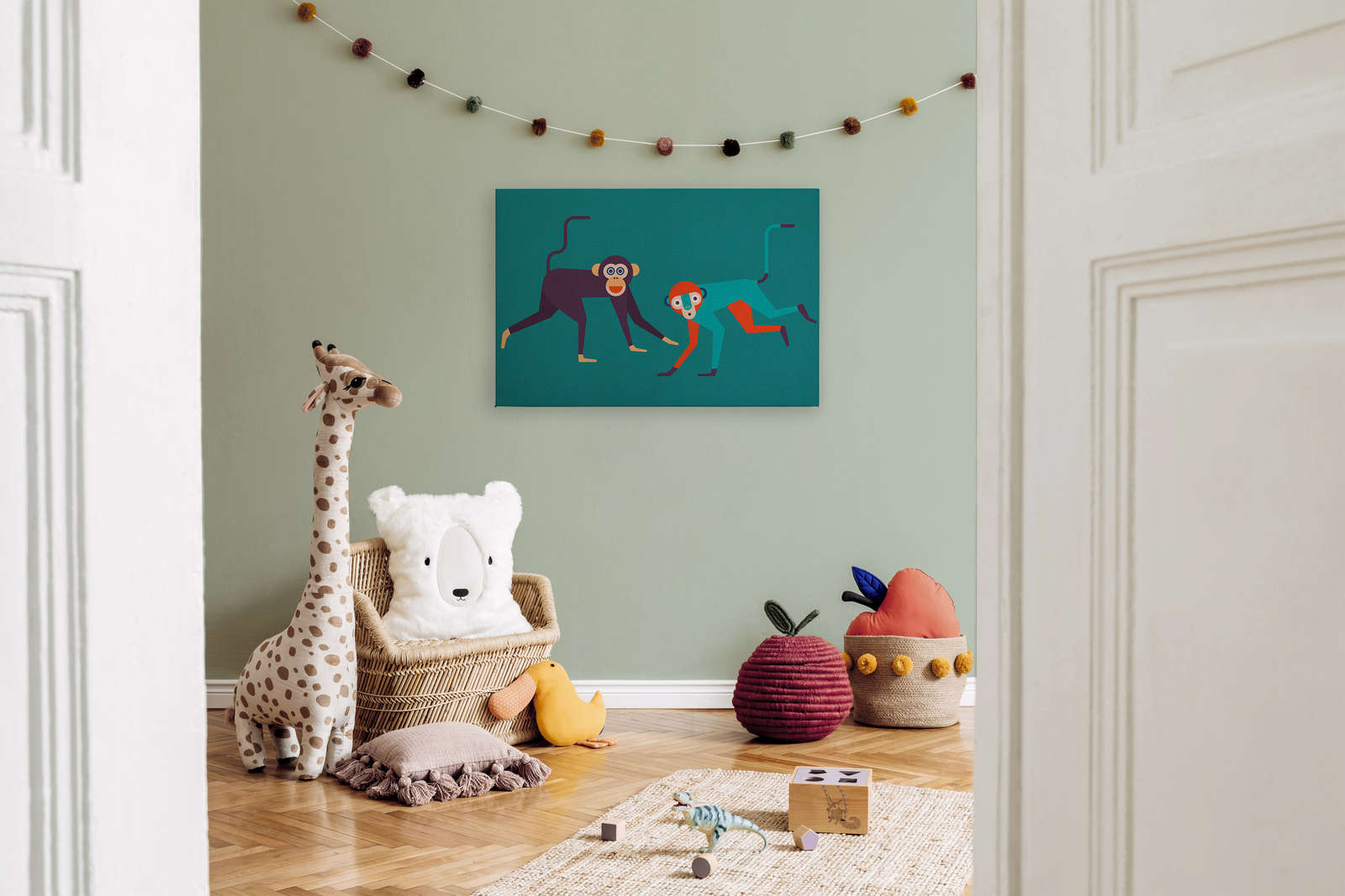             Monkey Business 1 - Leinwandbild in Pappe Struktur, Affen-Bande im Comic-Stil – 0,90 m x 0,60 m
        