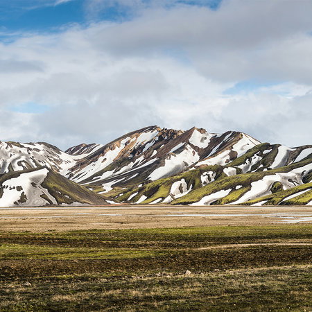 bergkette, Schneefelder, Tallandschaft, Felder, Vulkangebirge