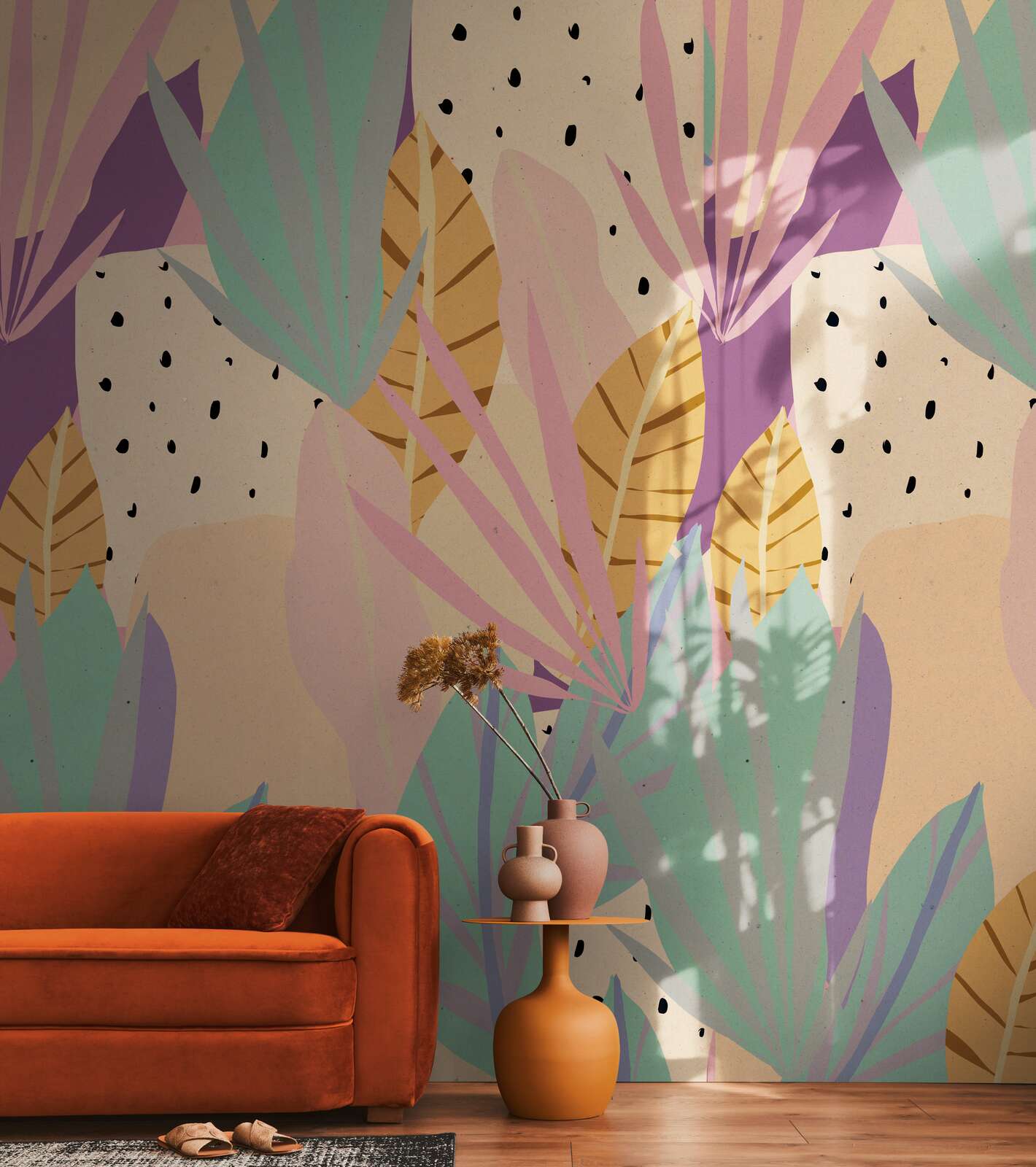         Non-woven wallpaper panel "Pastel Tropics" 159cm wide x 280cm high - Tropical leaf motif in juicy pastel shades, smooth surface - Colourful
    