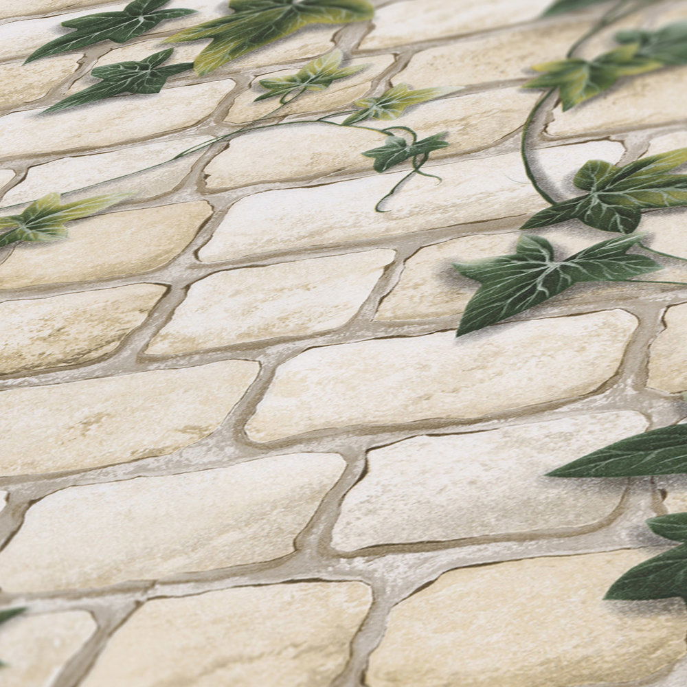             Tapete mit Mauerwerk & Efeu-Ranken, Steinoptik – Weiß, Grün
        