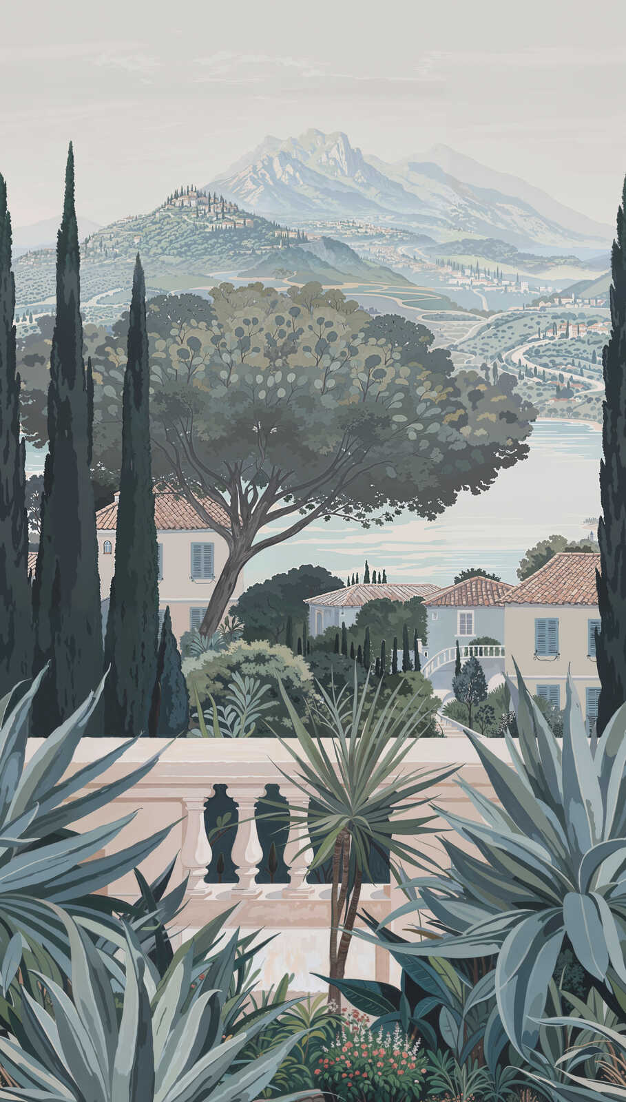             Vliestapeten Panel "Tuscan Garden" 159cm Breite x 280cm Höhe - Toskanische Landschaft mit See und Sträuchern, glatt – Grün, Blau
        