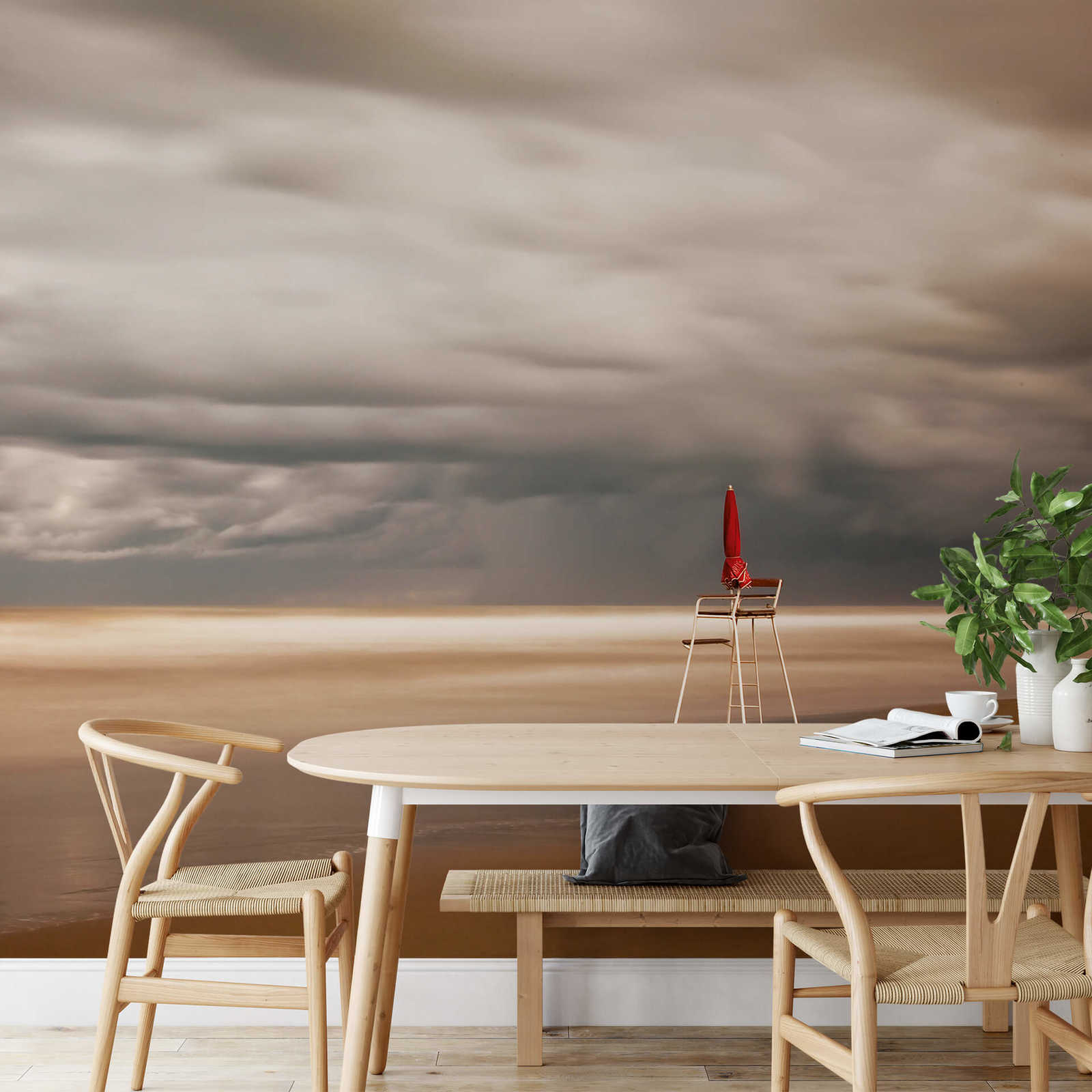             Fototapete Strand mit Stuhl – Creme, Grau
        