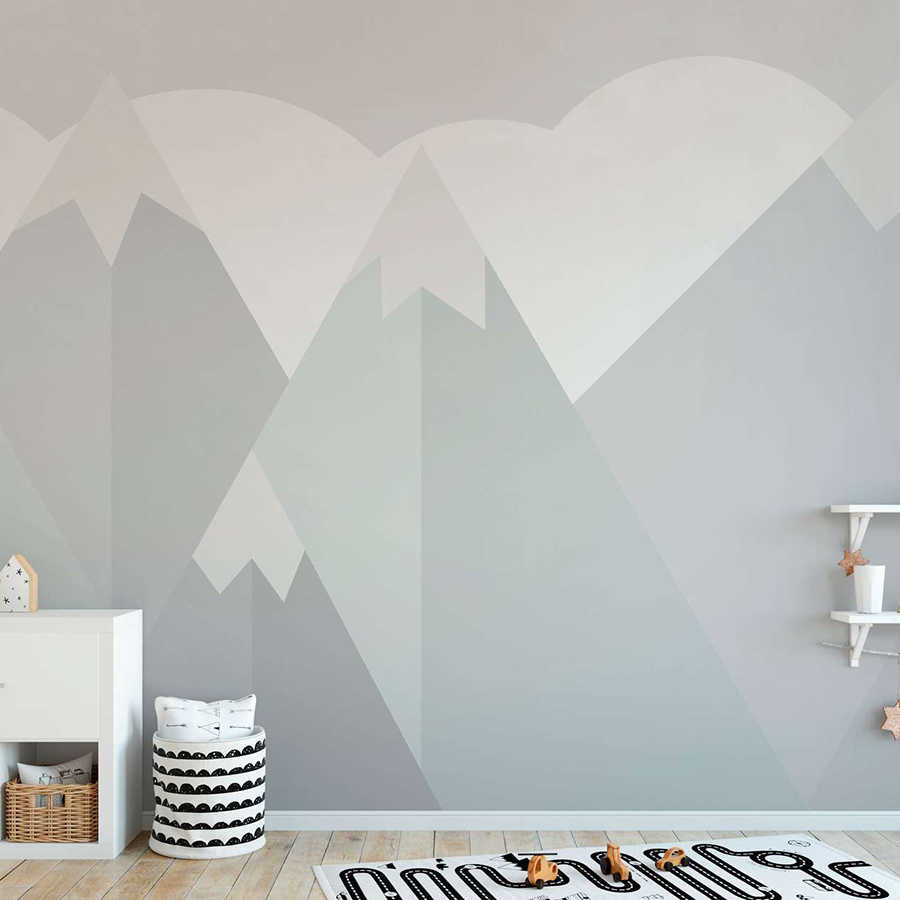 Berg-Wandbild, Wandkunst, Kinderzimmer-Dekor, geometrische Berge, sanftes Grau