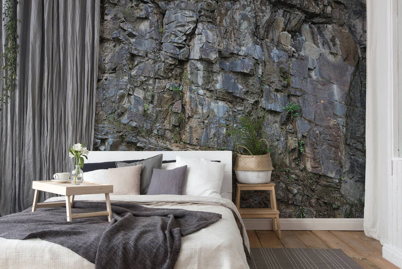 Bett, Bettzimmer, Steinwand, Bettwäsche, Kissen