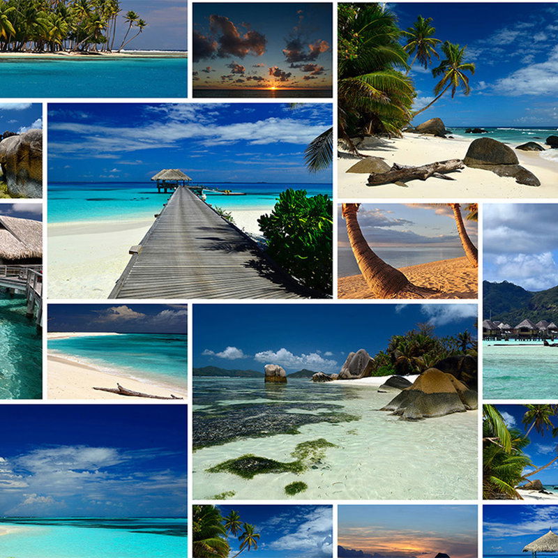         Urlaubsfeeling Wandtapete – Fototapete mit tropischen Palmen und Stränden – Blau, Grün
    