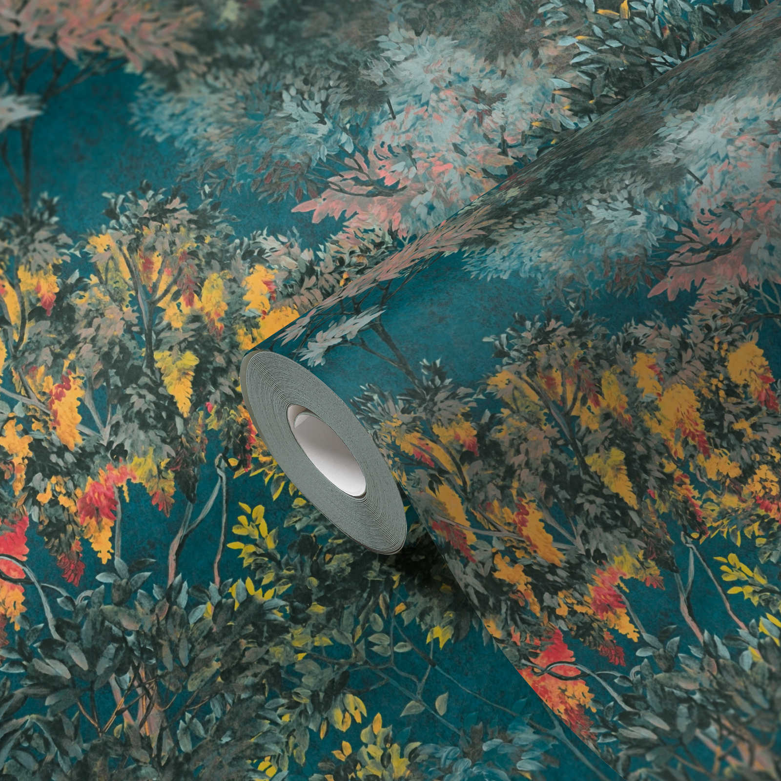             Dschungeltapete mit bunten Muster – Bunt, Petrol, Gelb
        