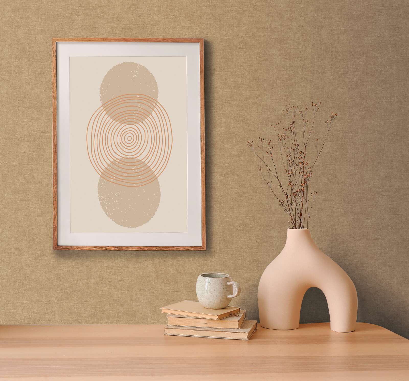 Abstracte Kunst, Gerahmtes Druckwerk, Konzentrische Kreise, Beiger Wand, Dekovase