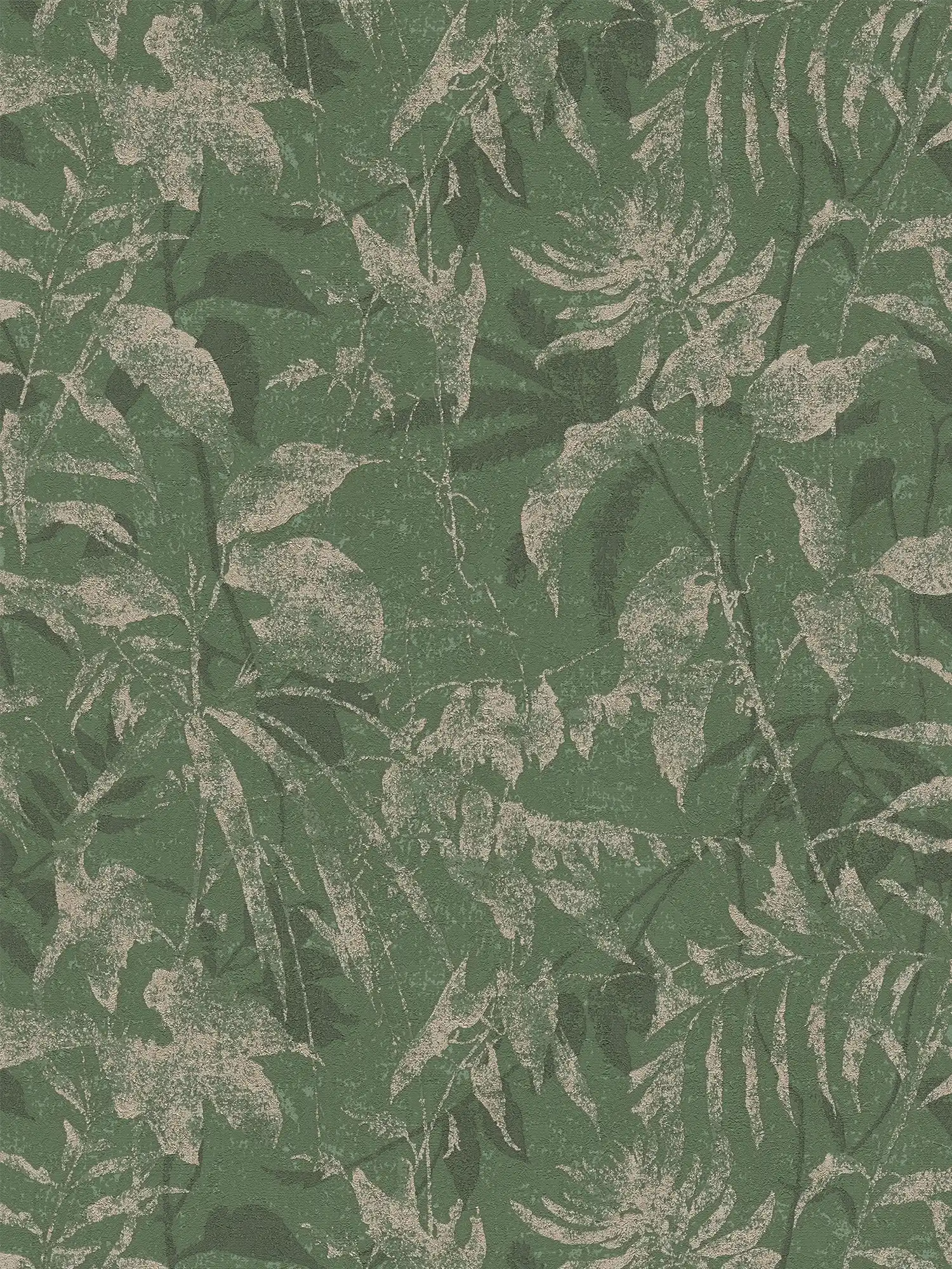         Dunkle, exotische Vliestapete mit tropischem Blattmuster und feiner Oberflächenstruktur – Grün, Gold, Metallic
    