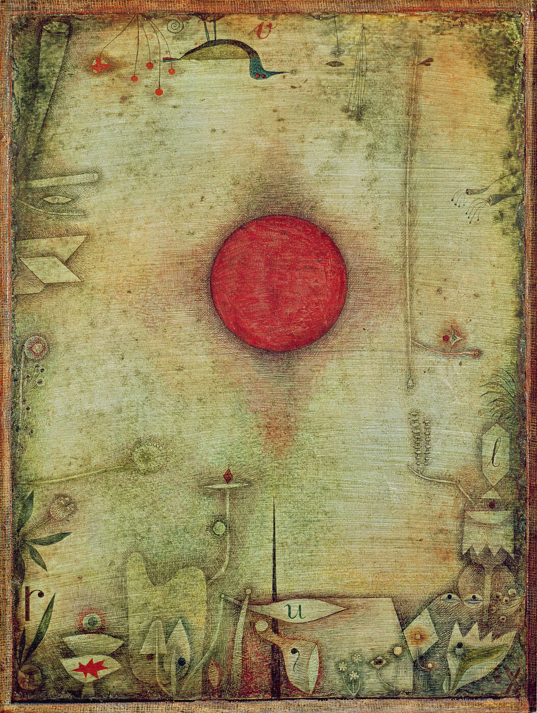rotischer Kreis, sonne, abstrakte malerei, grüner hintergrund, rahmen dekorativ
