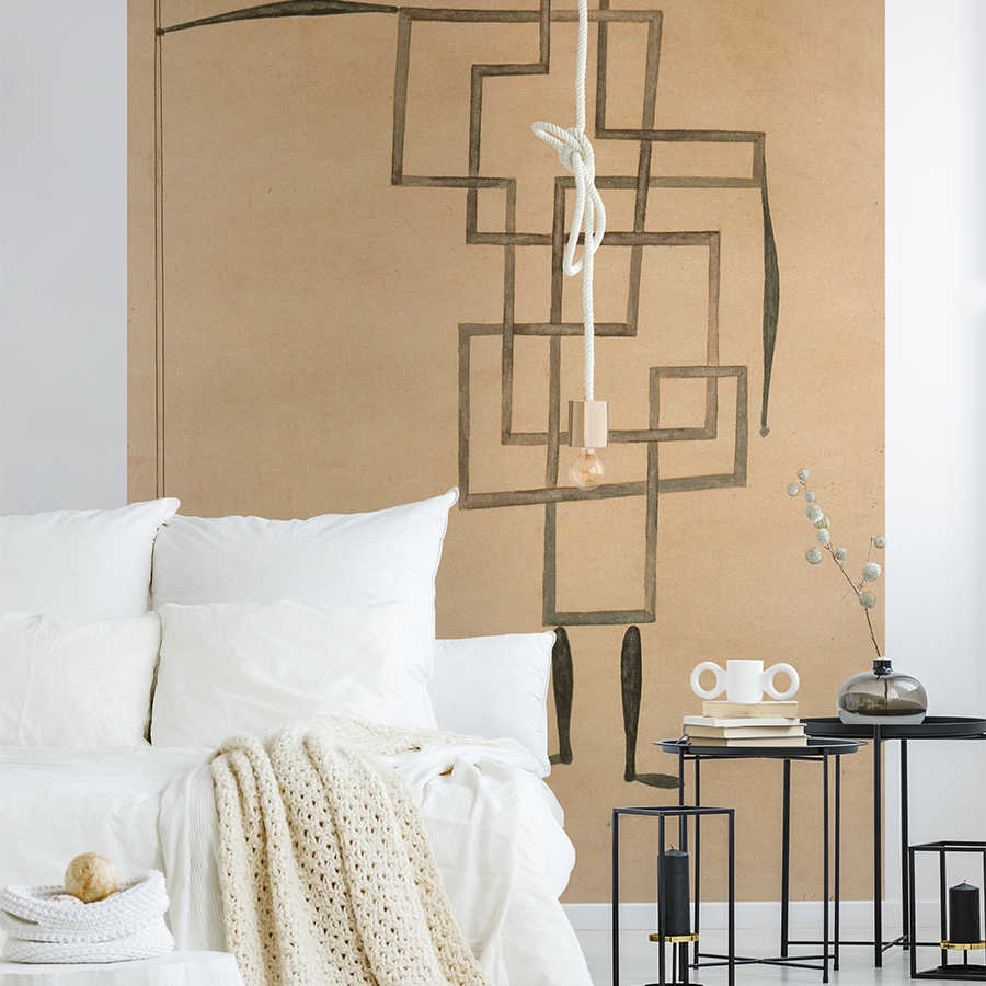 abstrakte Wand, geometrische Wand, hängende Glühbirne, weißes Bettzeug, creme gestrickte Decke