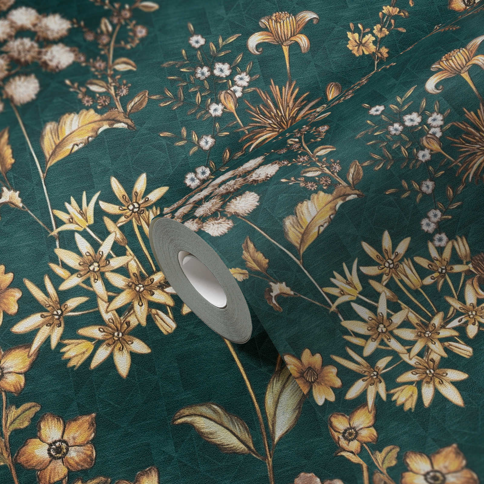 Florale Vliestapete mit Blumenmuster auf grafischen Hintergrund – Petrol, Orange, Gelb