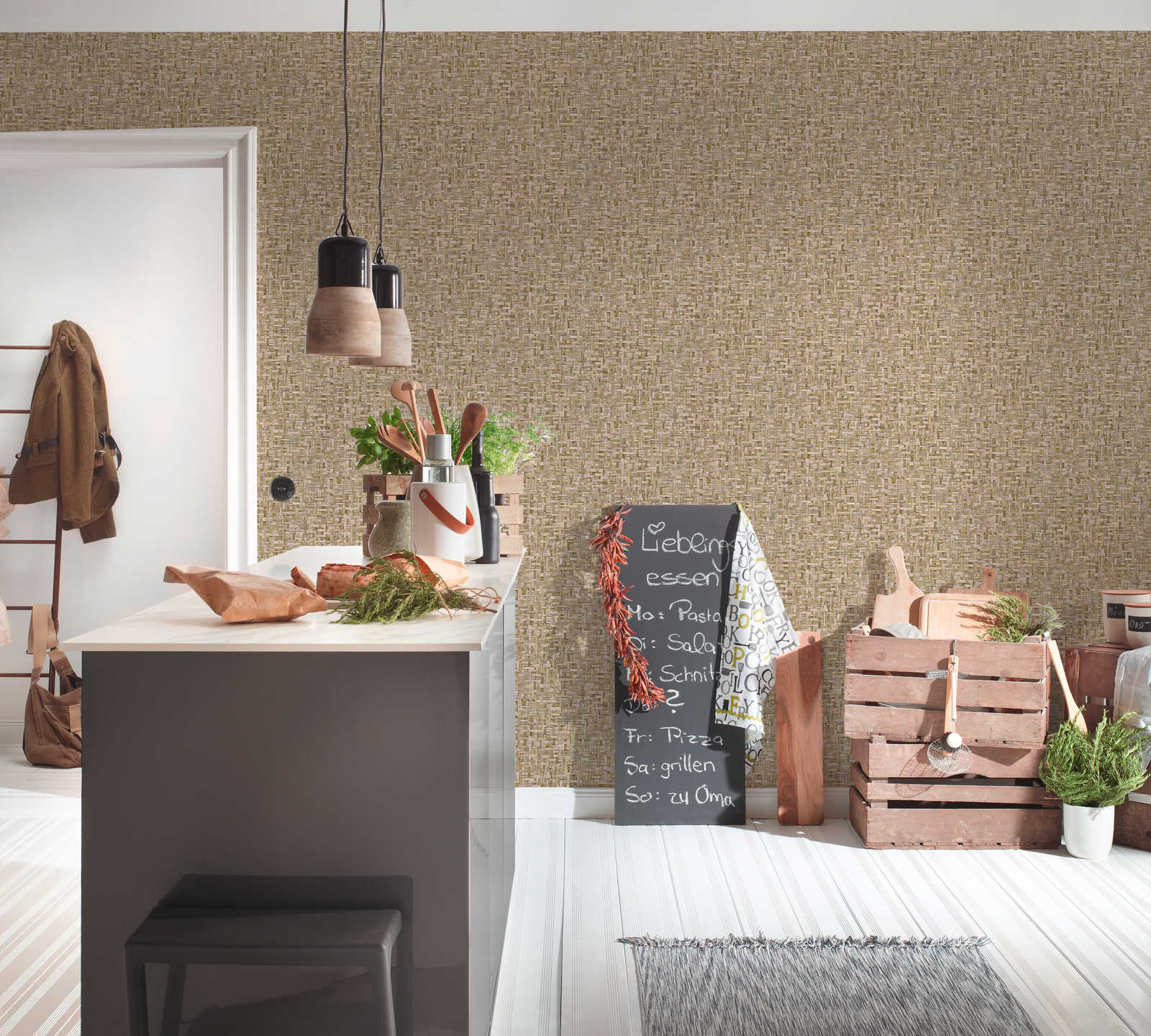             Tapete Hellbraun Holzoptik mit Fasermuster – Braun, Beige
        