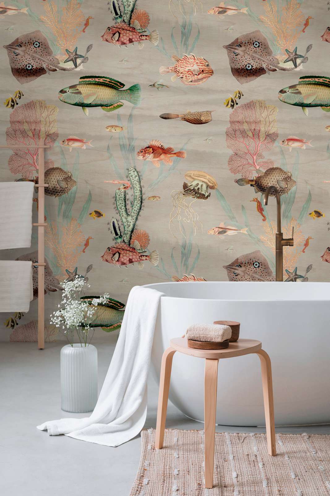             Aquarium non-woven wallpaper with plants, fish and a large pattern repeat - colourful, grey, pink
        