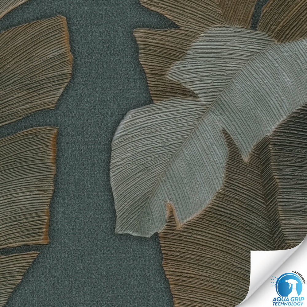             Stilvolle Dschungel-Vliestapete mit großen, dunklen Palmblättern und feiner Struktur – Water. Fix. Ready. – Petrol, Grün, Braun
        