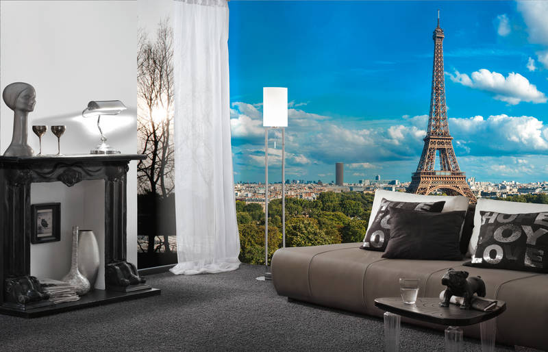 Wohnzimmer, Sofa, Kissen, Paris, Eiffelturm, Wanddeko, Grauabstufungen, Lampe, Couchtisch