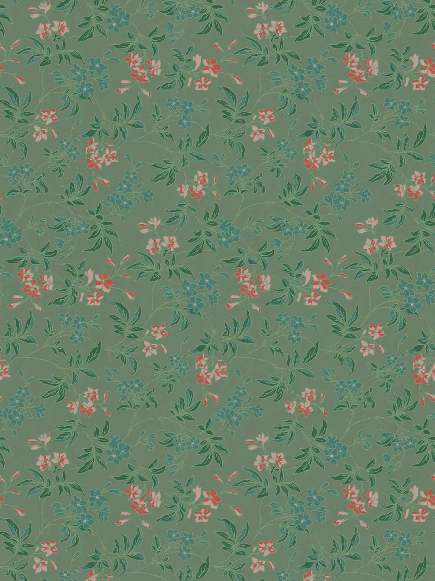        Floral wallpaper with flowers and vines - green, orange, pink
    