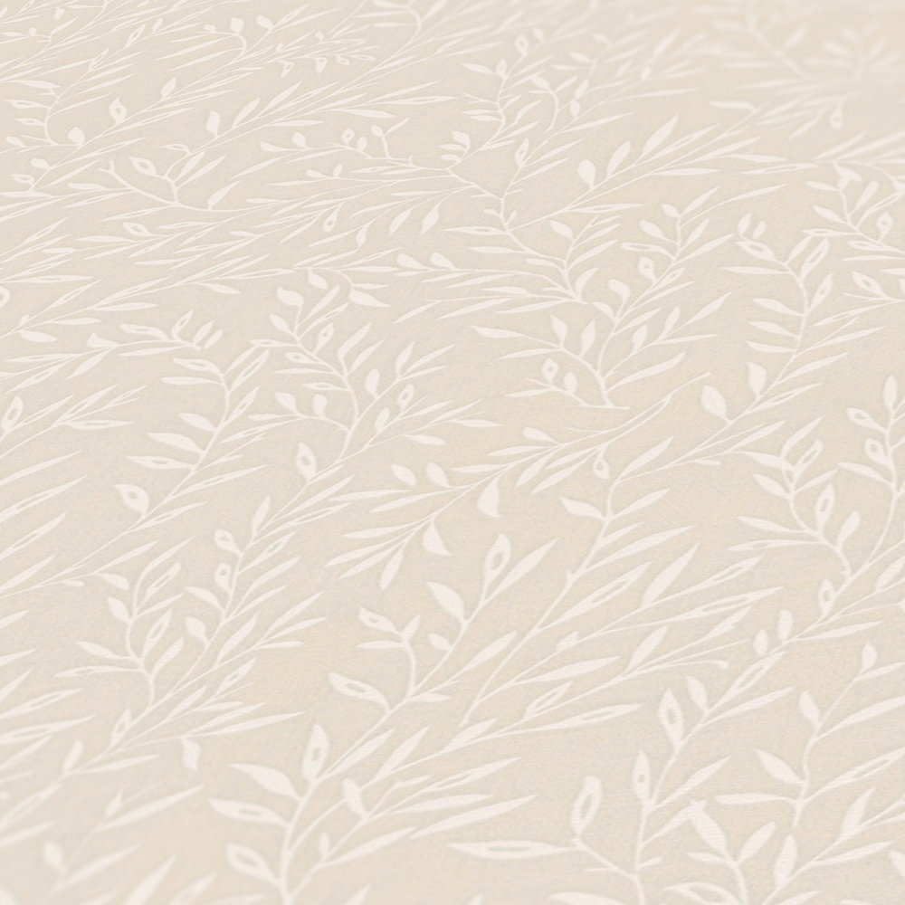Landhaus Tapete mit Ranken Muster – Beige, Weiß
