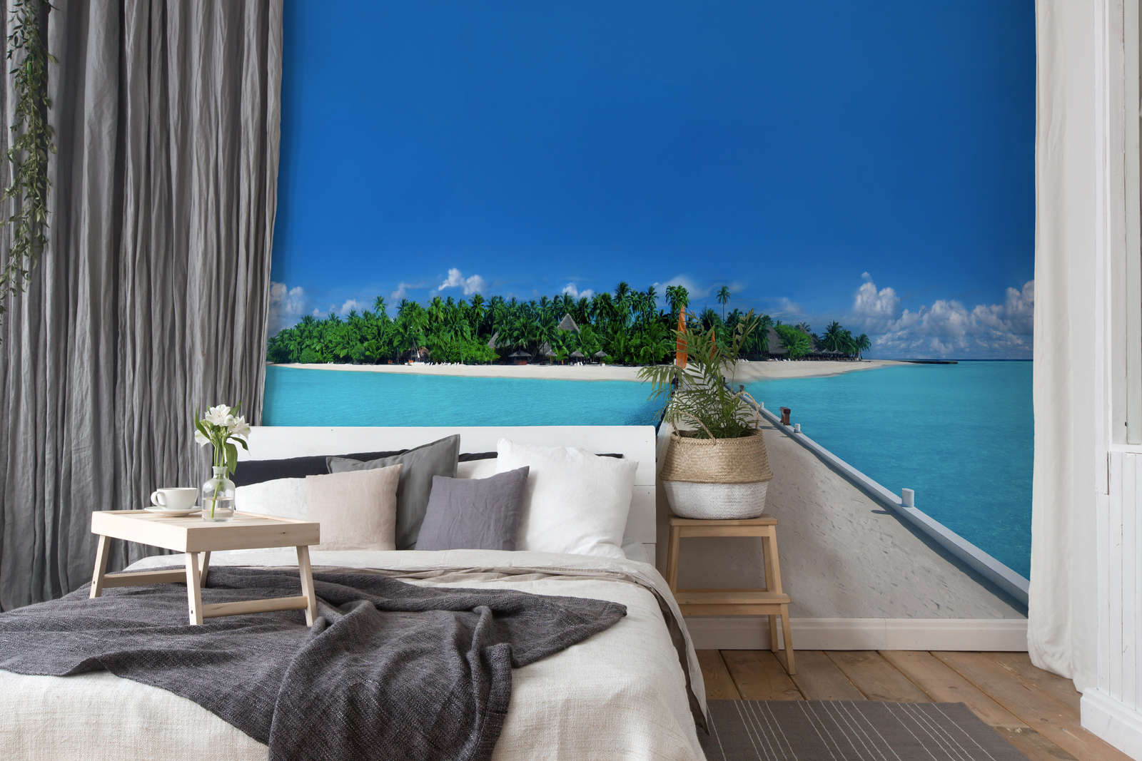bett, wandbild, strand, palmen, meer
