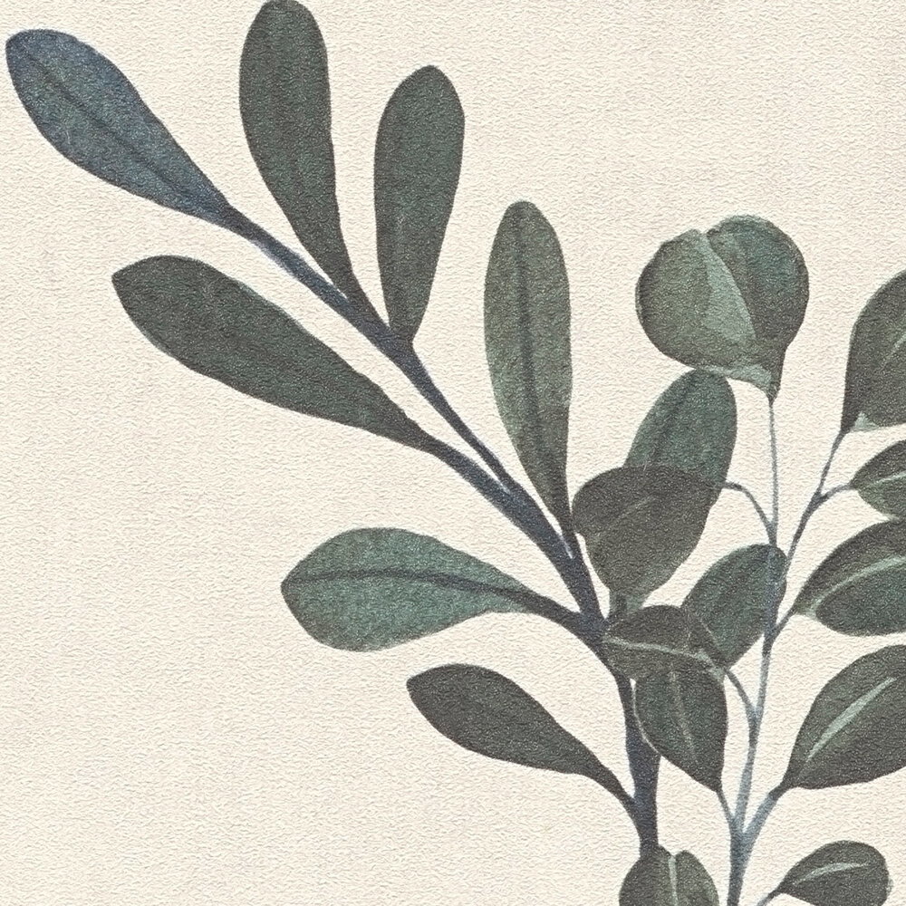             Natürliche Vliestapete mit filigranem Blatt- und Zweigmuster, ebenmäßige Struktur – Beige, Grün
        