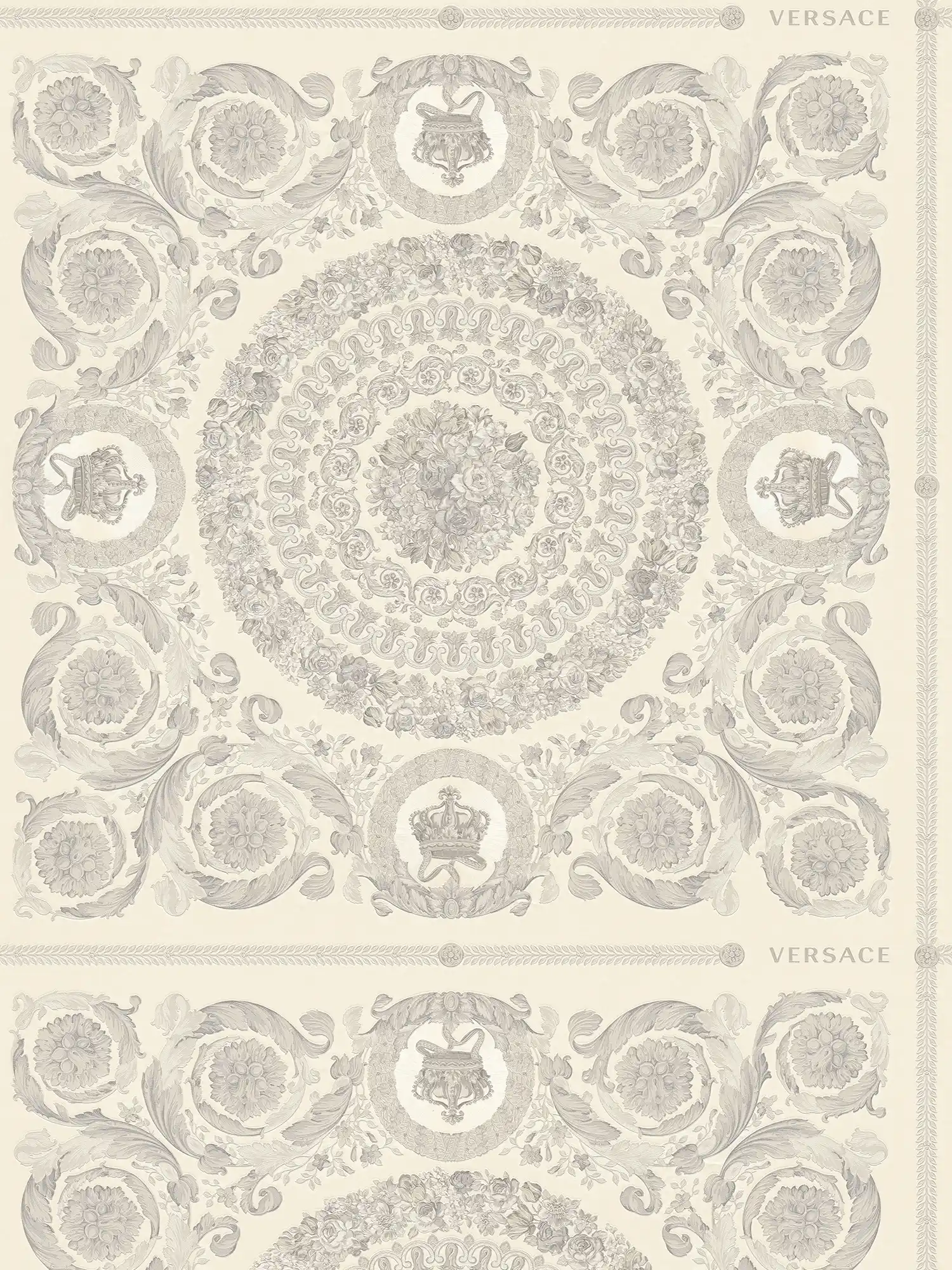         VERSACE non-woven wallpaper with floral ornamental design light sheen background smooth, pattern textured - white, grey, metallic
    