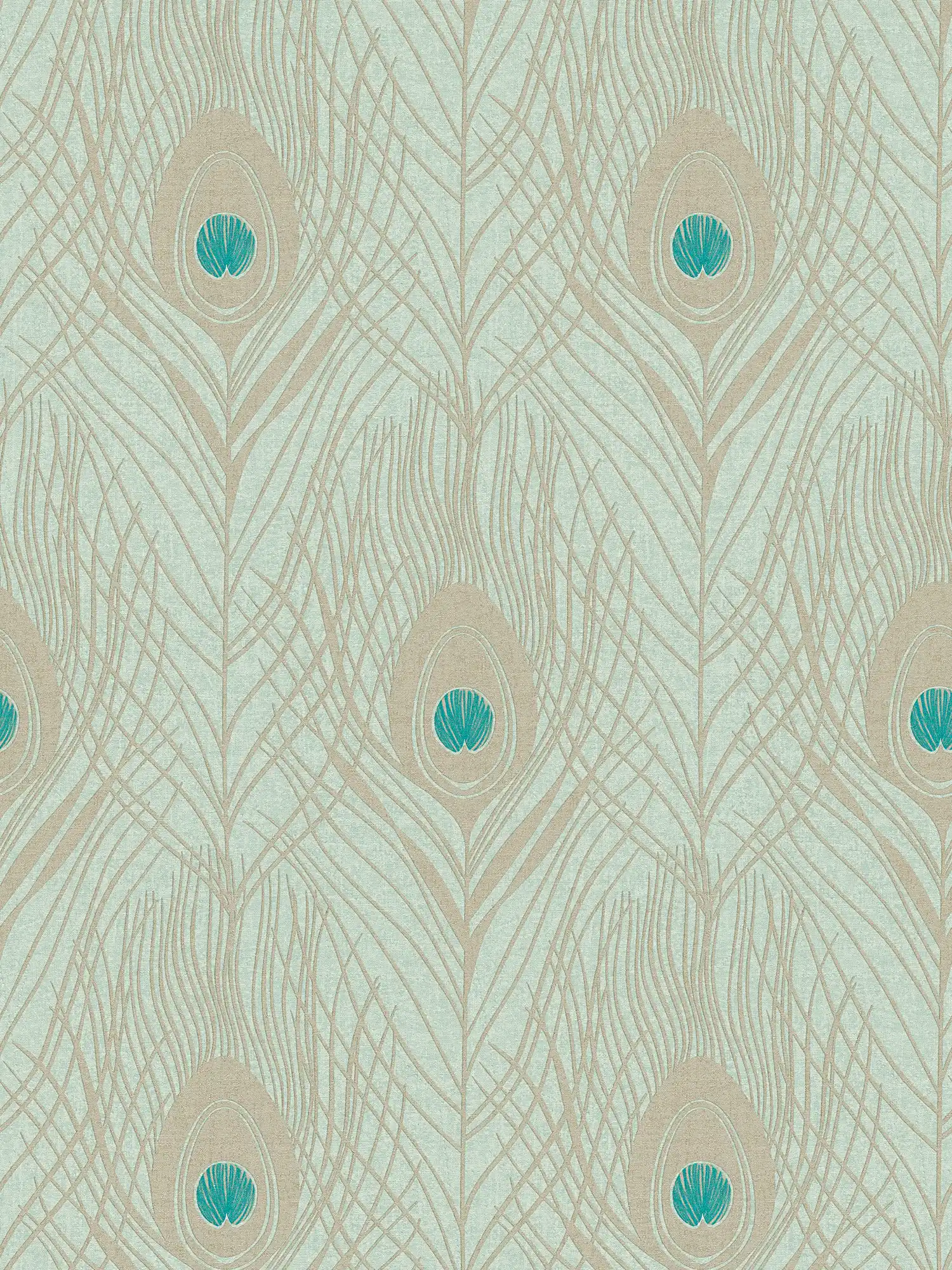         Light green non-woven wallpaper peacock feather in metallic look - green, blue, gold
    