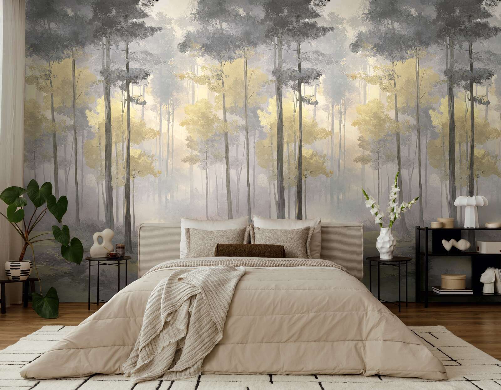 Wandtapete, Waldmotiv, Zimmerwand, Bettmotiv, neutraler Stil
