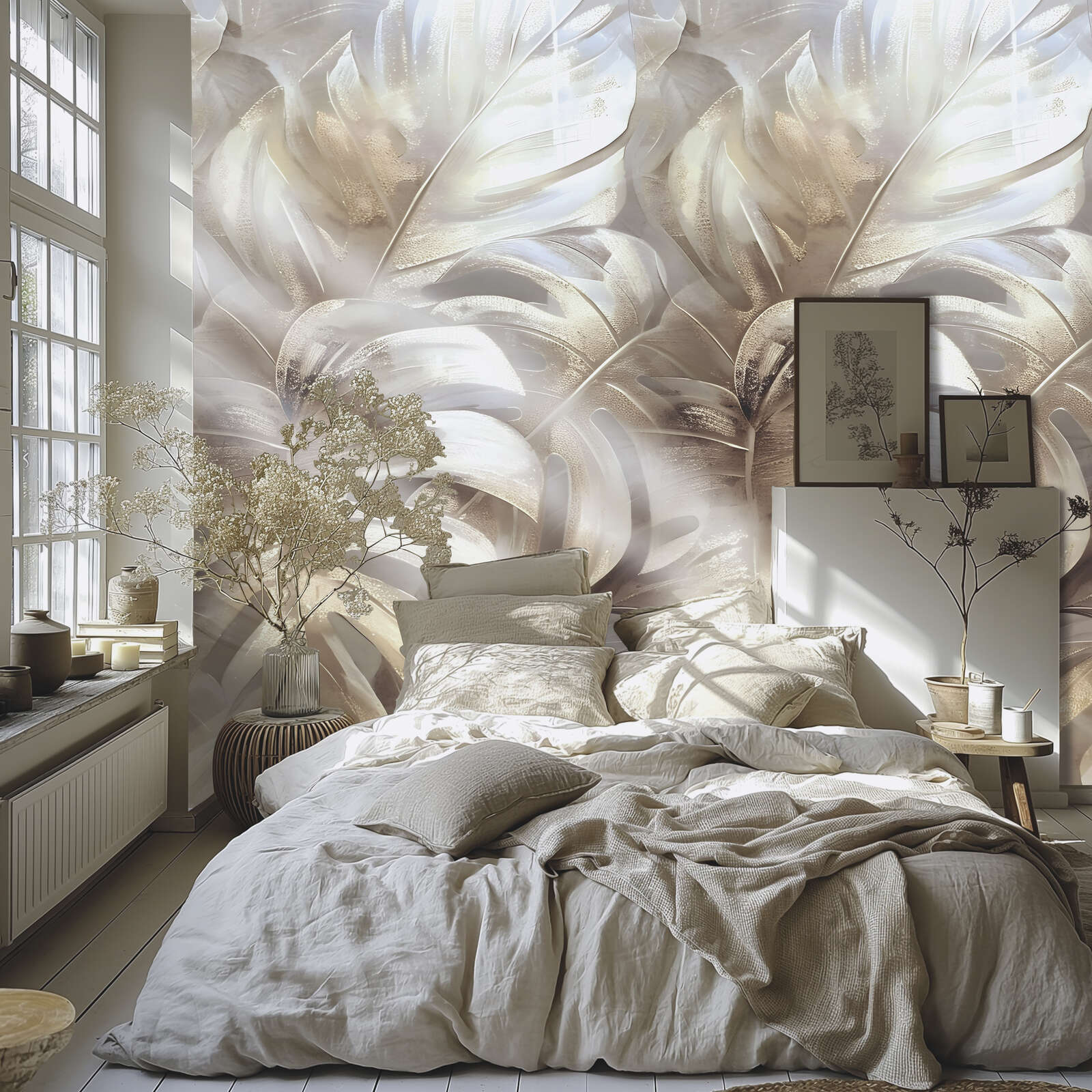             Vliestapeten Panel "Botanical Elegance" 159cm Breite x 280cm Höhe - Großes, elegantes Palmblatt-Design in metallischen Tönen, glatt – Gold, Silber
        