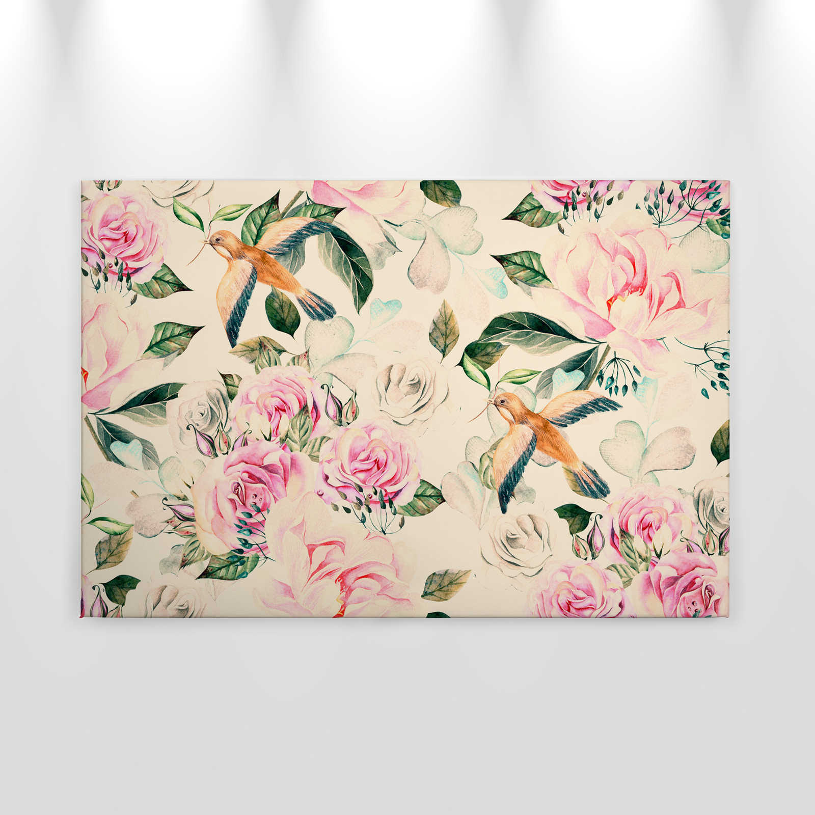             Leinwand mit verspielten Blumen und Vögel im Vintage-Stil – 0,90 m x 0,60 m
        