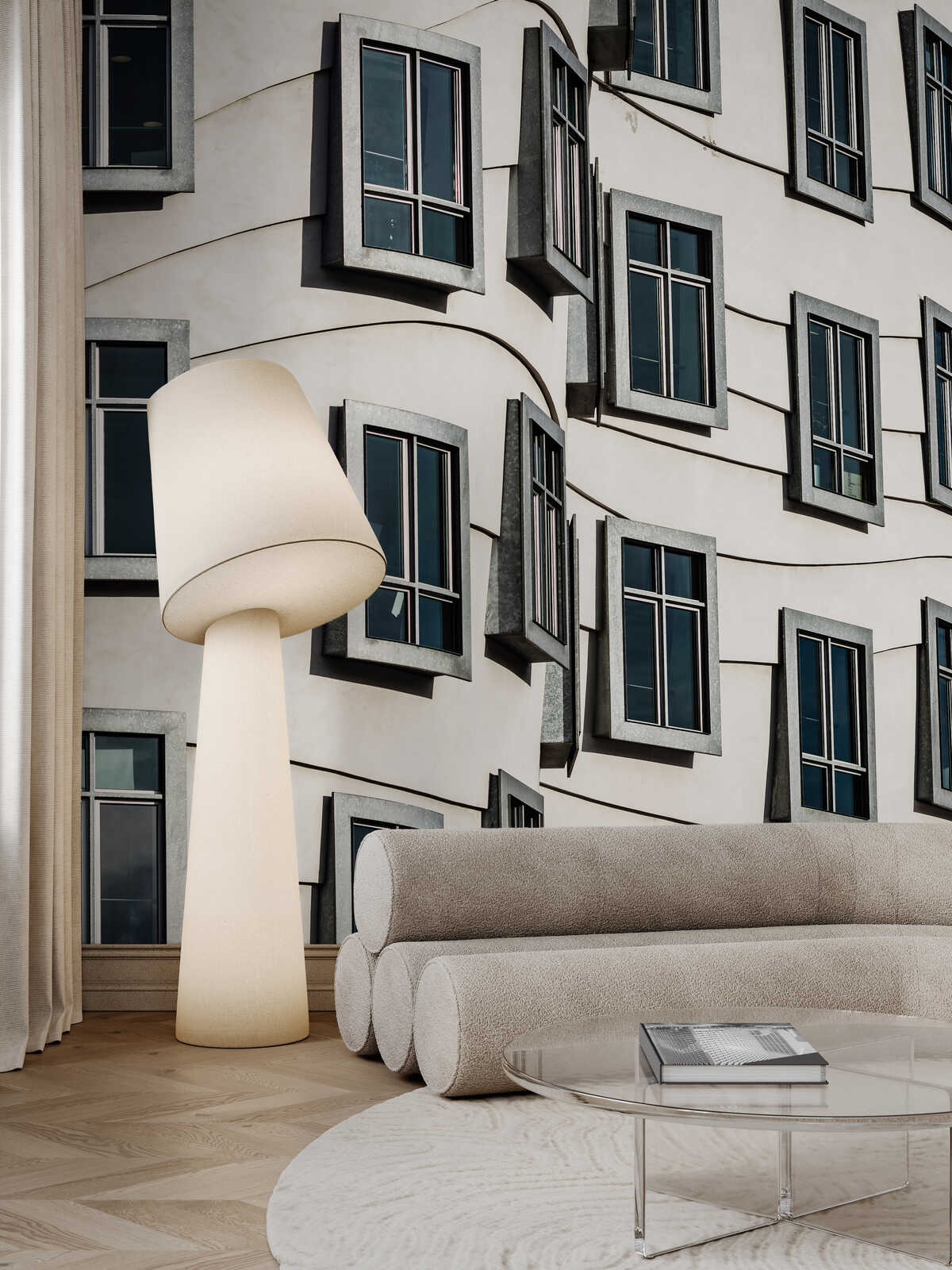 Wohnzimmer, Sofa, Rundtisch, Stehlampe, Moderne Architektur