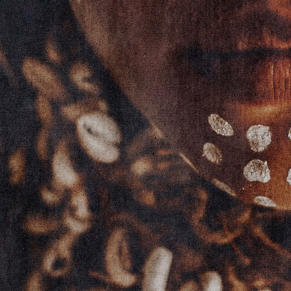 Fototapete »alani« - Afrikanische Frau mit Körperbemalung, Gobelinstruktur im Hintergrund – Glattes, leicht glänzendes Premiumvlies