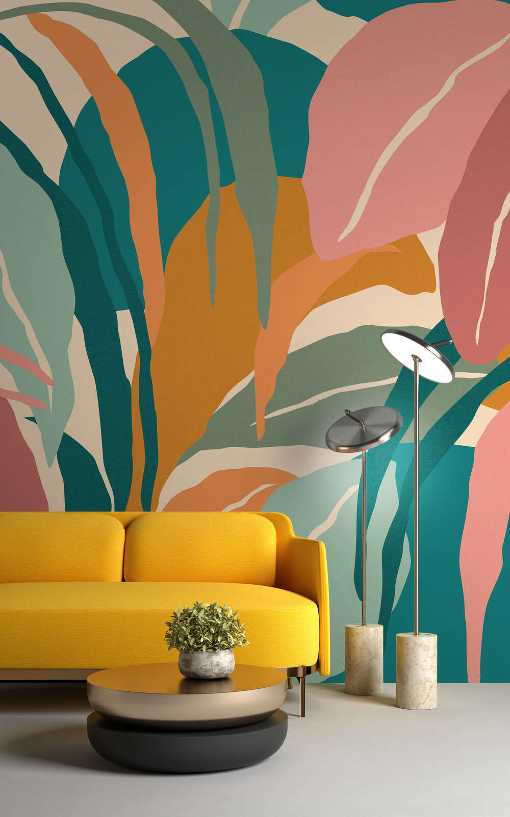 Wohnzimmer, Wandtapete, Blumenmuster, Gelbes Sofa, Beistelltisch