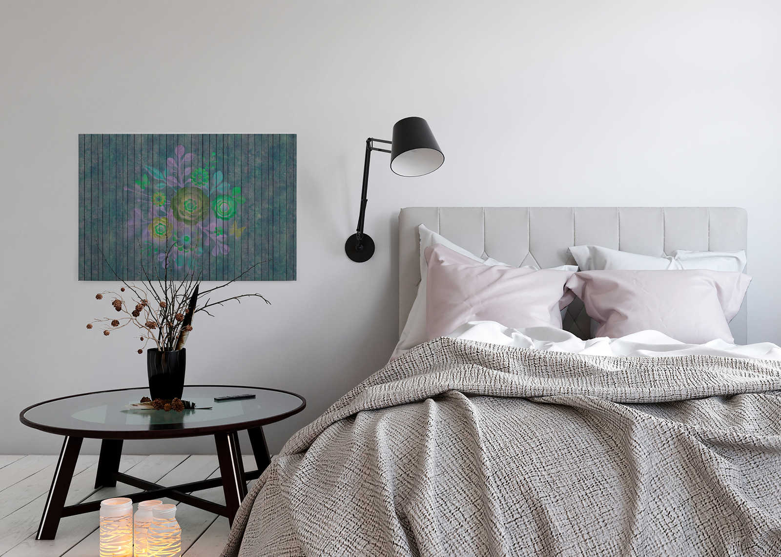             Spray Bouquet 2 - Leinwandbild in Holzpaneele Struktur mit Blumen auf Bretterwand – 0,90 m x 0,60 m
        