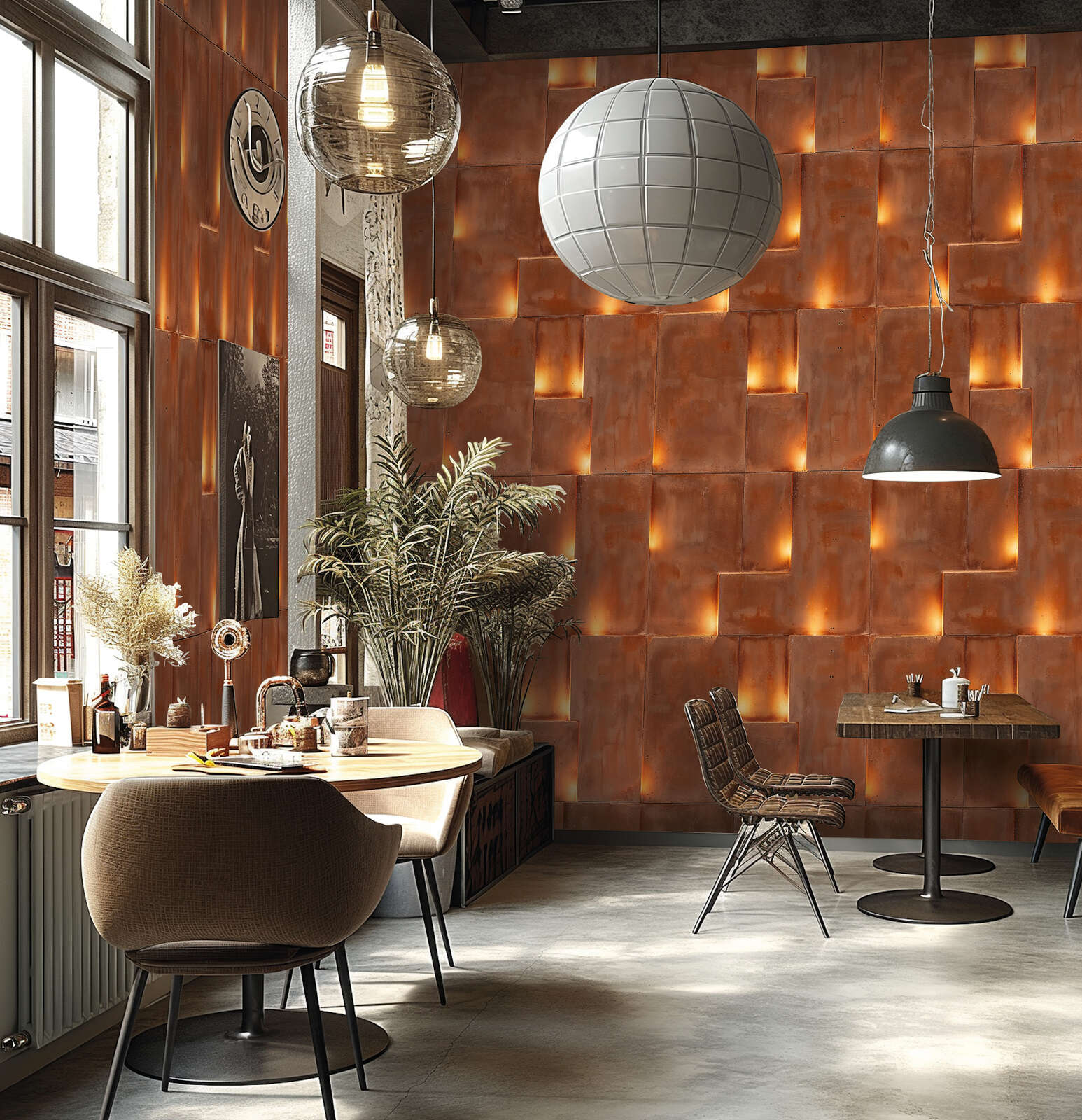             Vliestapeten Panel "Amber Glow" 159cm Breite x 280cm Höhe - Warmer Licht- und Kacheleffekt in 3D-Optik, glatt – Braun, Gelb
        