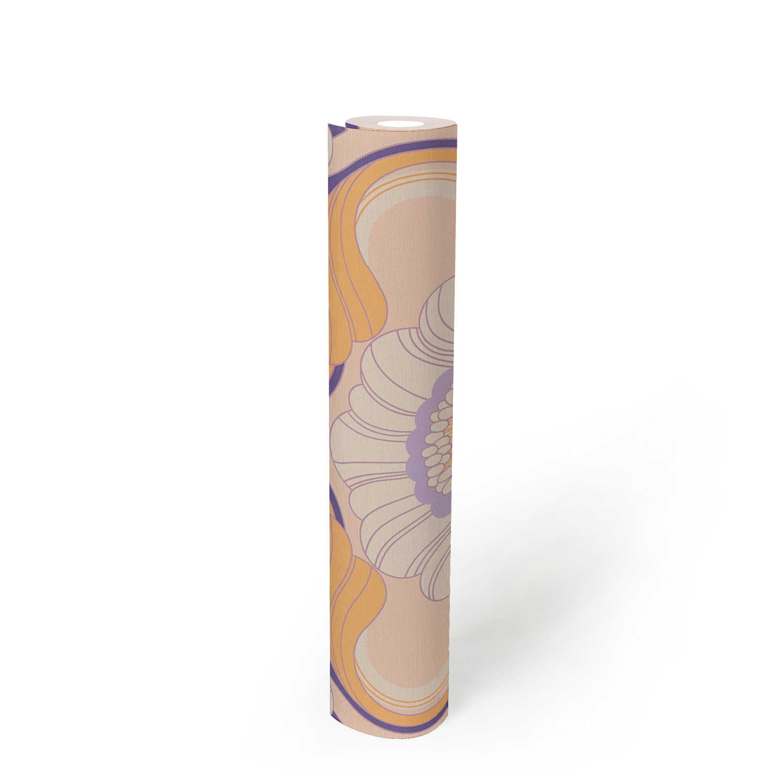            Retro Tapete mit Blumenmuster – Beige, Gelb, Lila
        