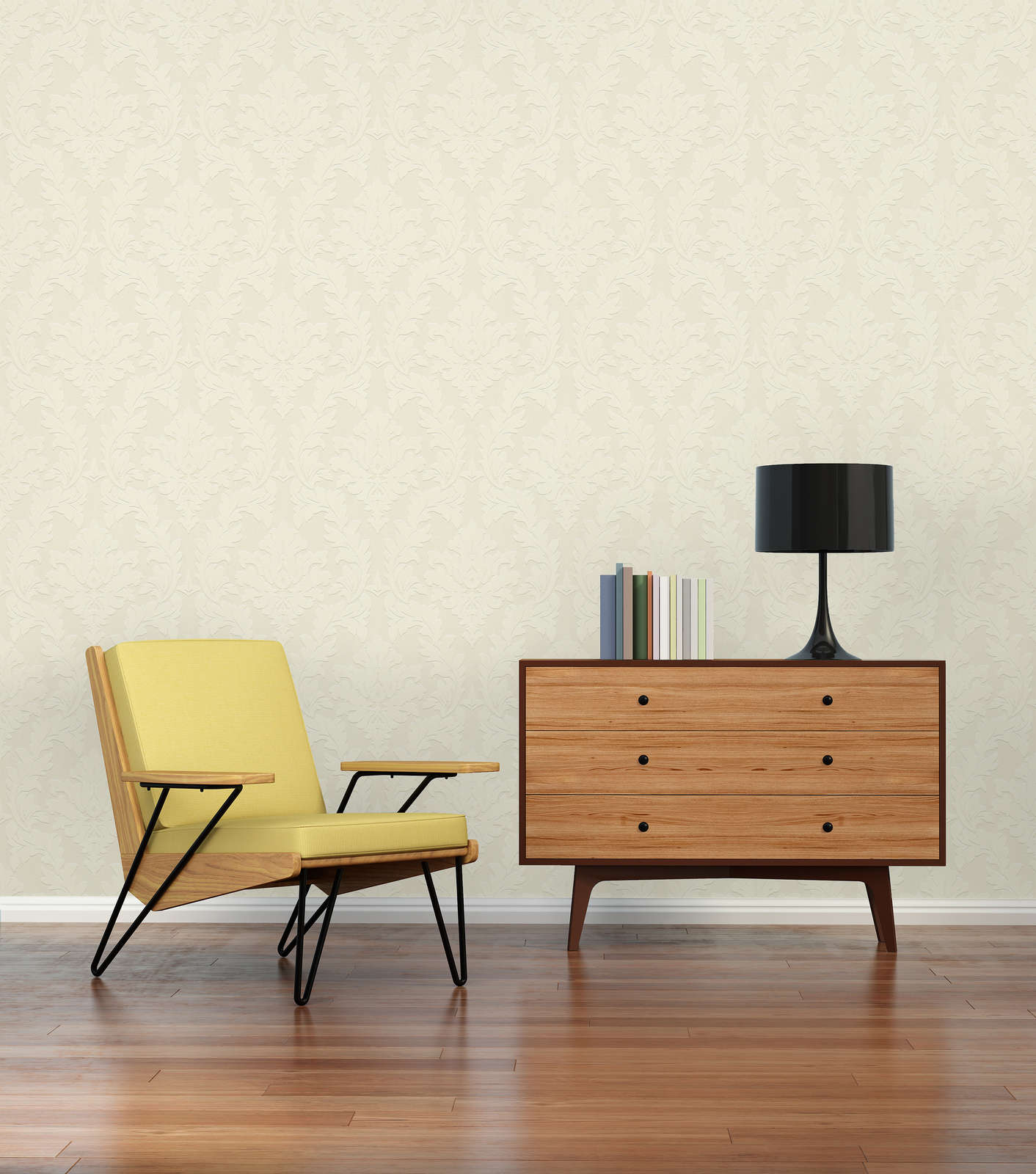             Edle Barocktapete mit echtem Flock auf geprägtem Kompaktvinyl – Creme
        