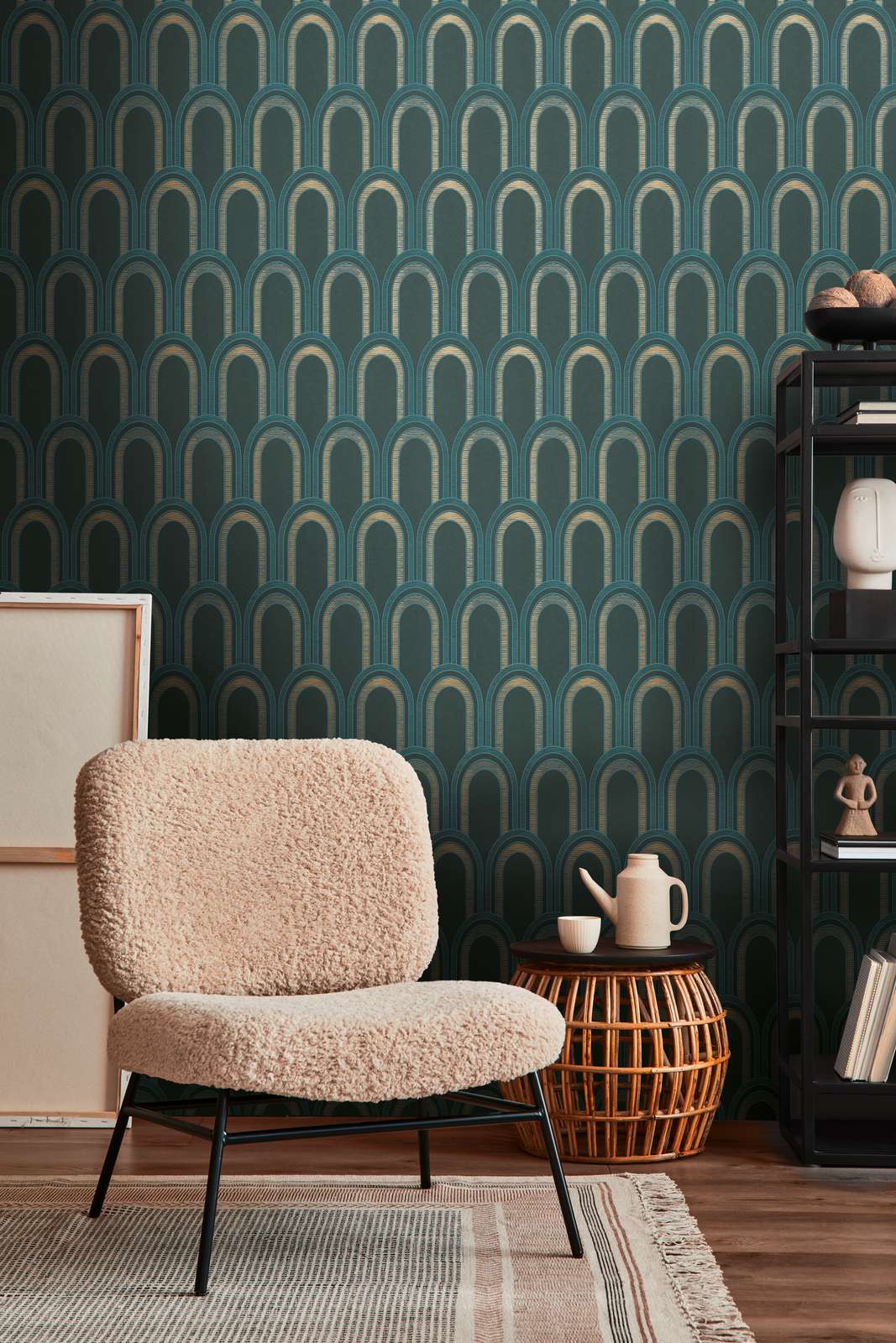 Tapete mit Bogenmuster und Glanzeffekt – Petrol, Blau, Gold