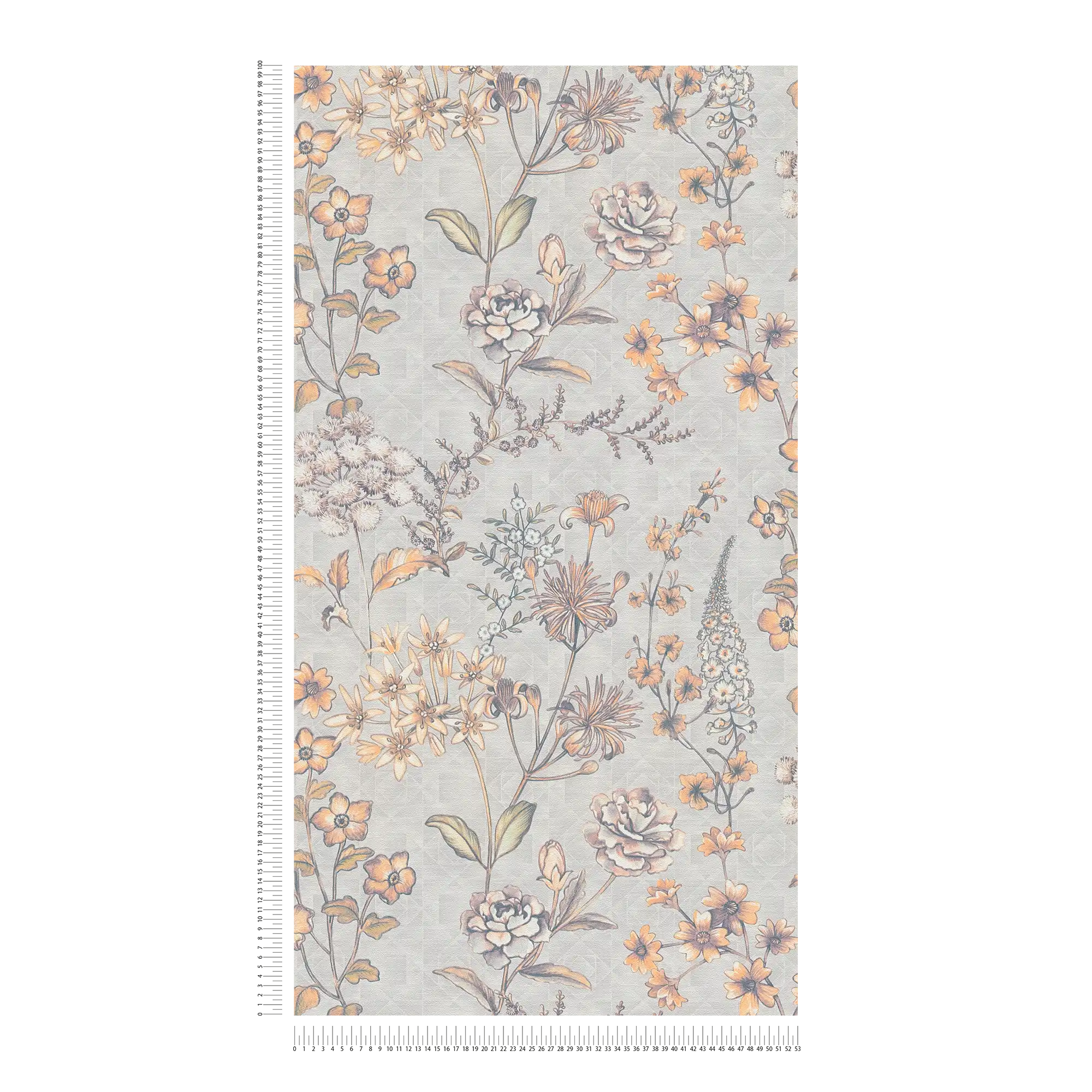             Vliesbehang met bloemen vintage design - lichtgrijs, oranje, geel
        