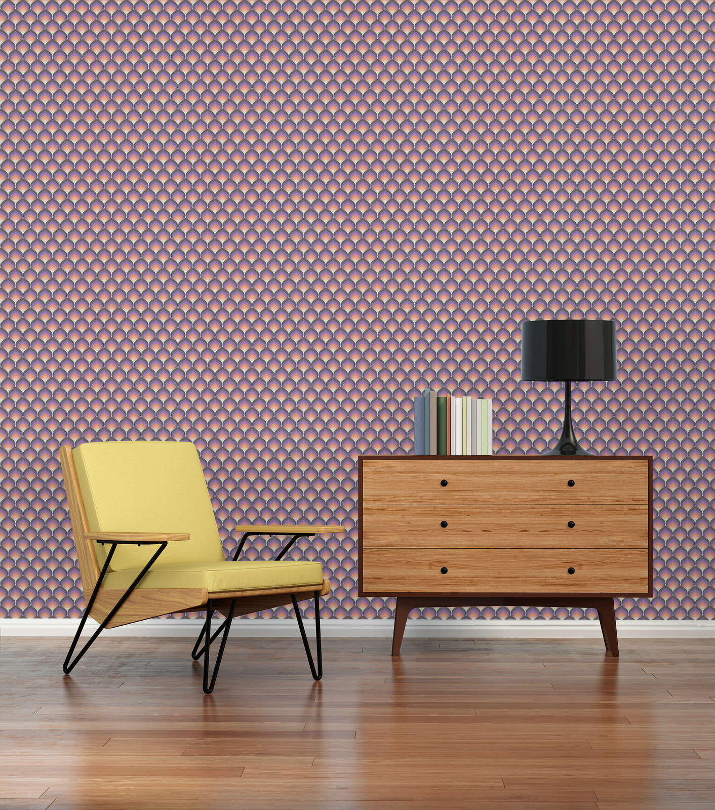             Tapete im Retro Stil mit abstraktem Schuppenmuster – Orange, Schwarz, Lila
        
