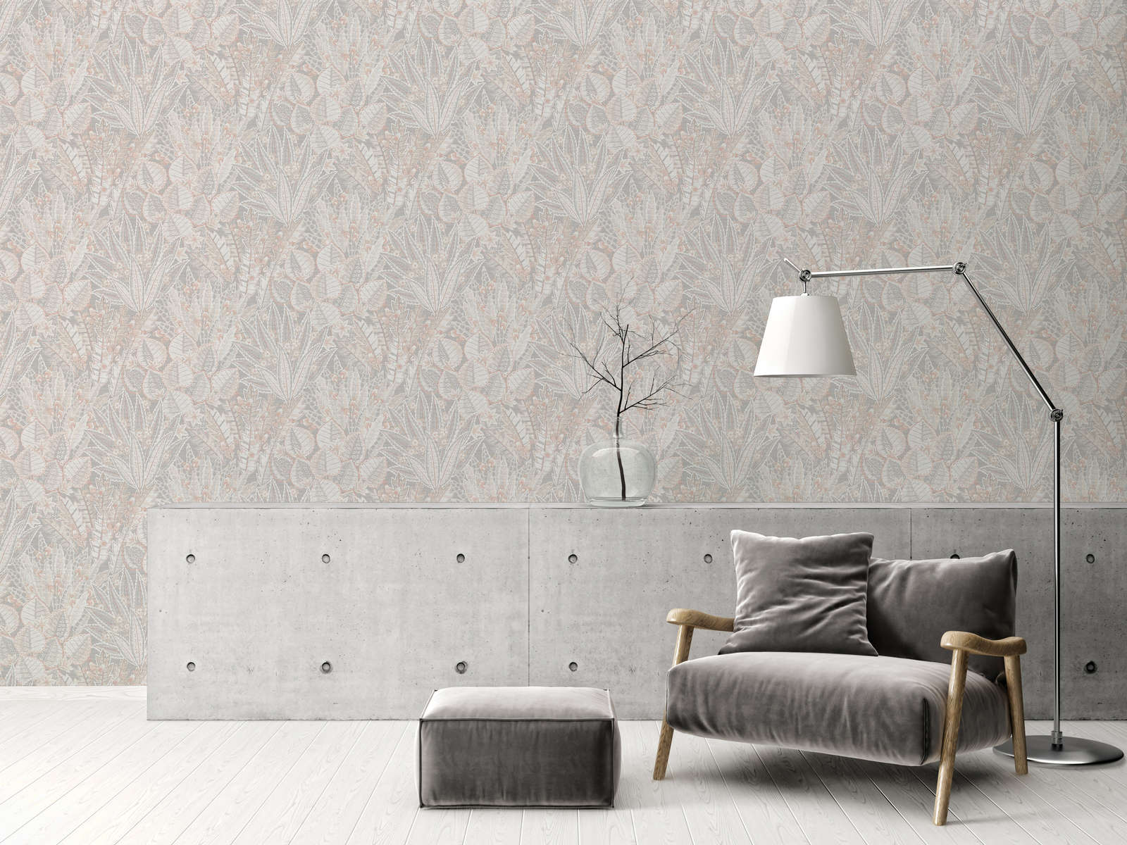 Florale Vliestapete in sanften Farben und matter Optik – Grau, Beige, Weiß