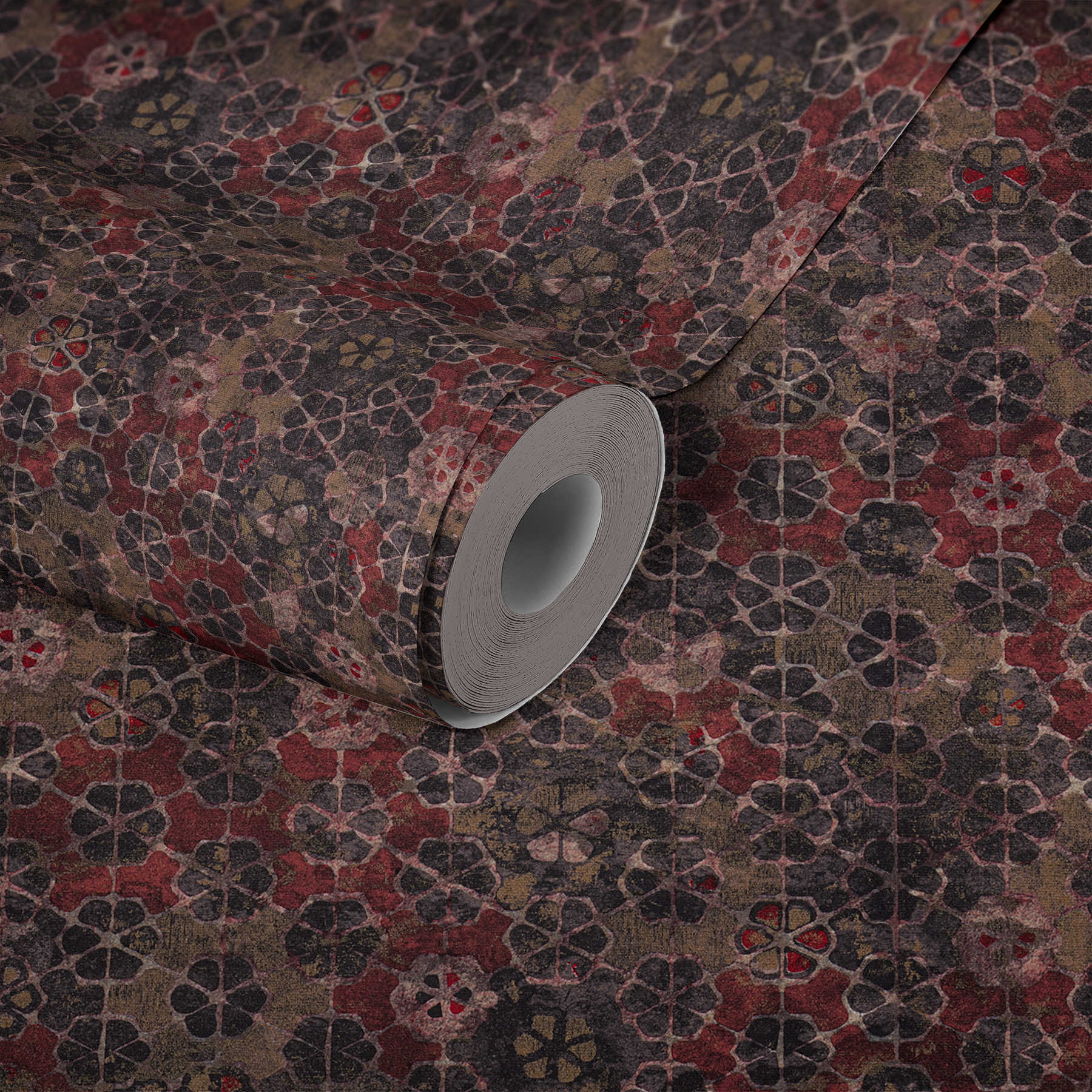             Papier peint intissé aspect carrelage avec reflets dorés - marron, rouge
        