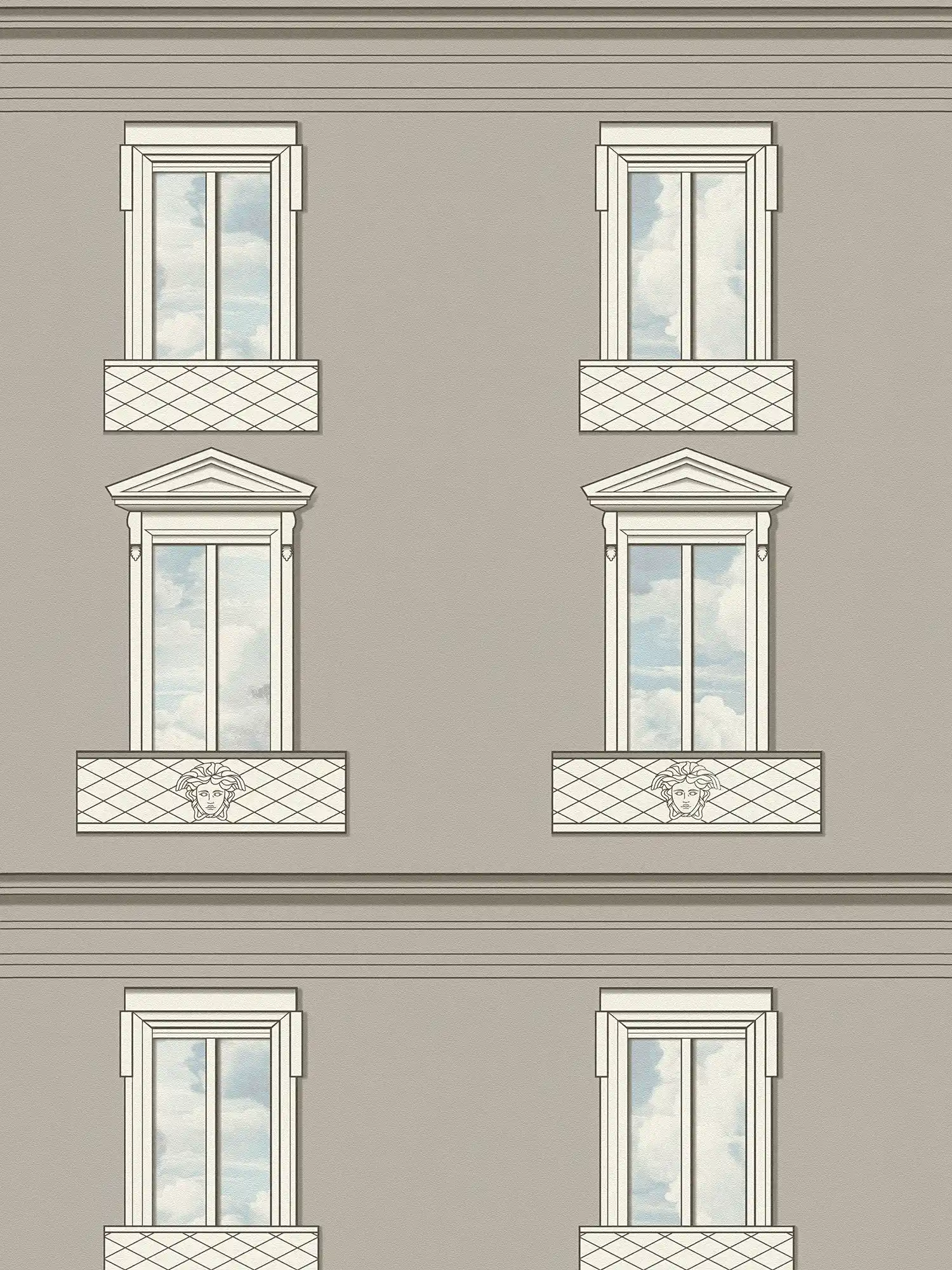         VERSACE Vliestapete in Fassadenoptik mit Fenster- & Balustraden-Motiven matt leicht strukturiert – Grau, Weiß, Blau
    