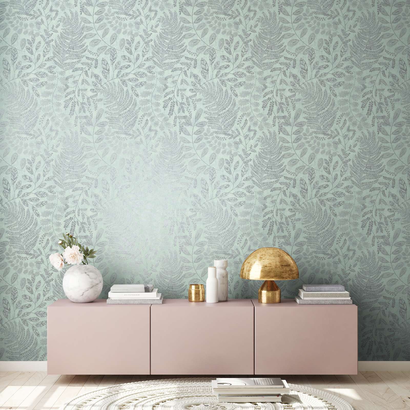             Skandi Tapete mit Blättermuster in Metallic – Blau, Grün
        