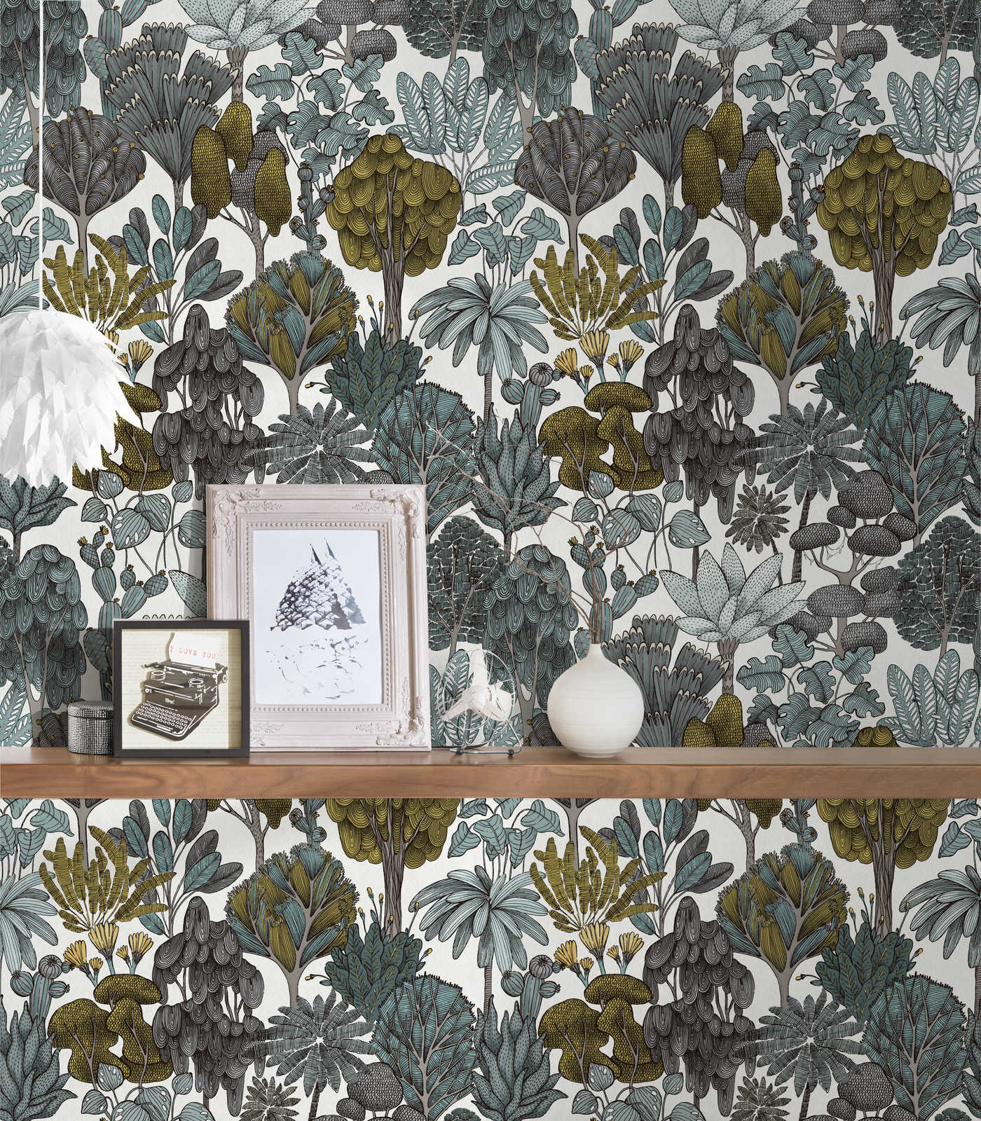             Tapete Grün Grau florales Muster im Doodle Stil – Grün, Grau, Gelb
        