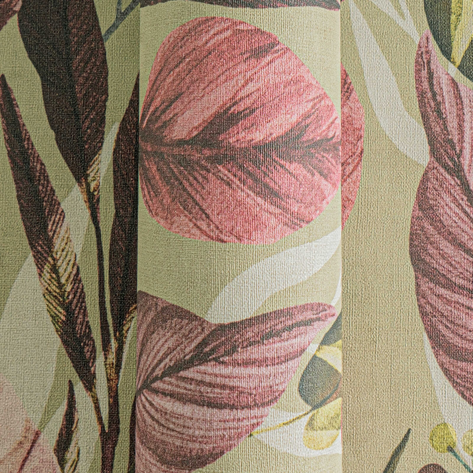             Stilvolle Vliestapete mit wildem Blättermotiv, feine Struktur – Braun, Pink
        