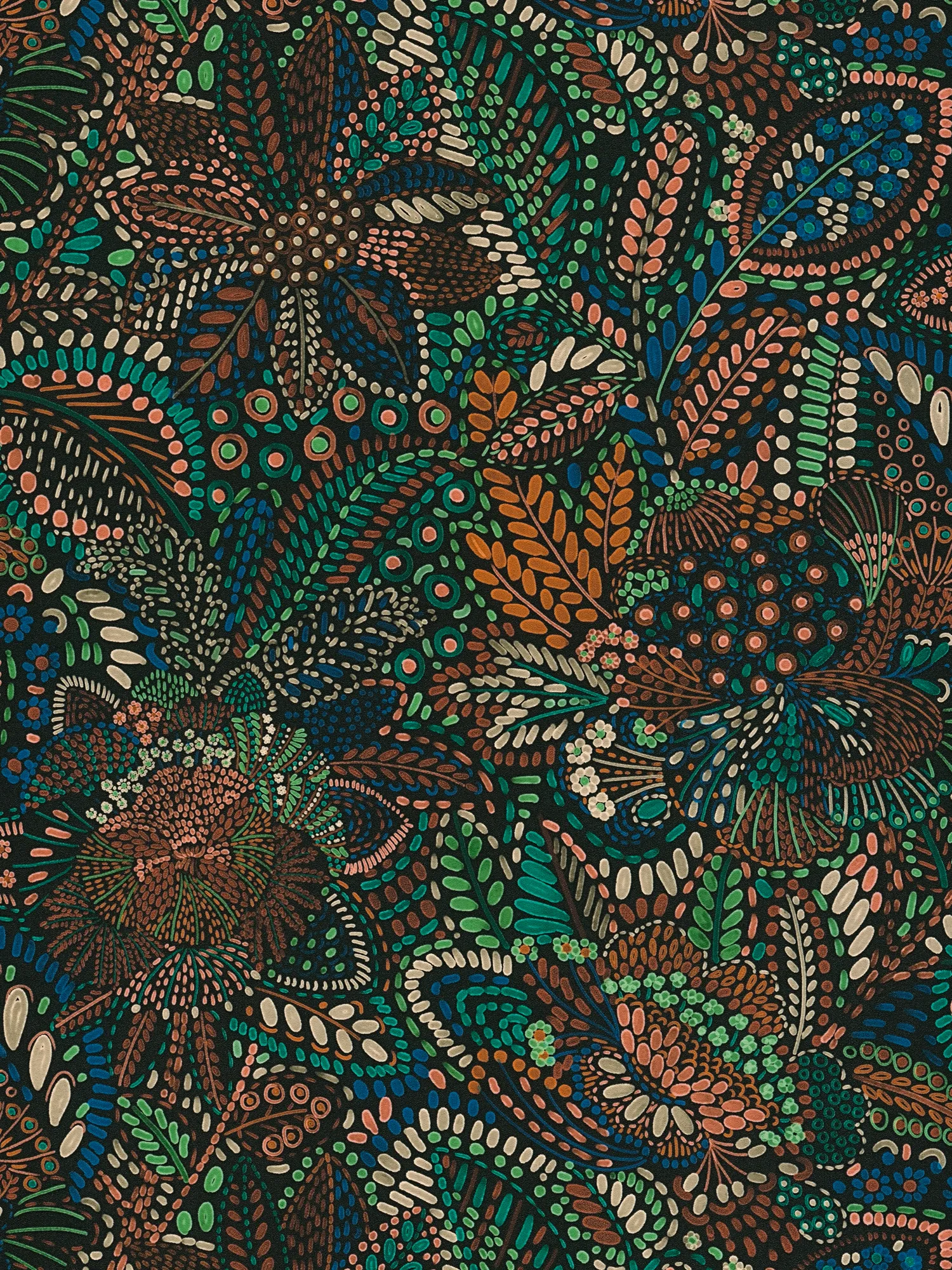         Vliestapete mit floralen Blätterornamenten & filigranen Strukturmustern matt leicht strukturiert – Blau, Grün, Schwarz
    