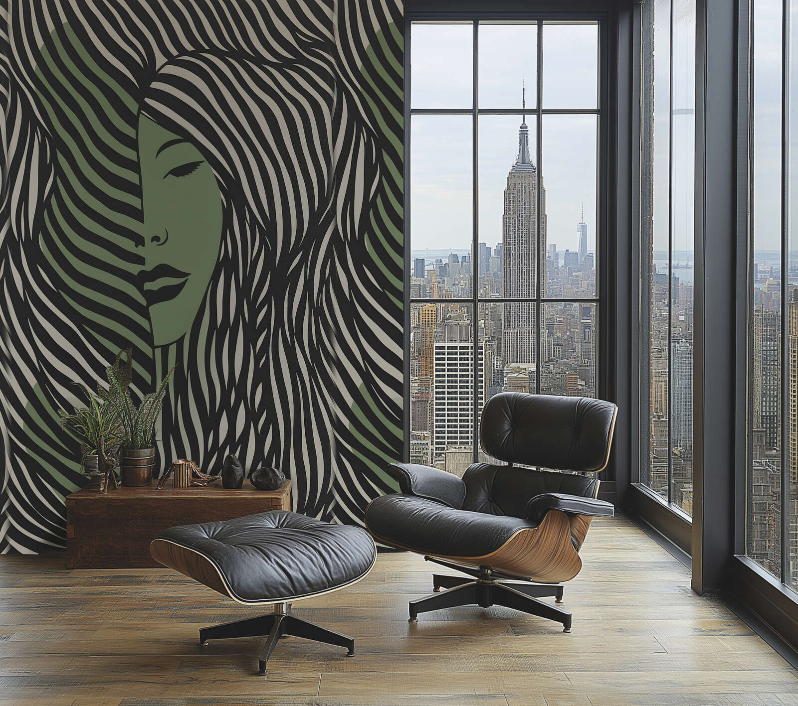             Glattes Vliestapeten Panel "Mystic Portrait" 159cm Breite x 280cm Höhe - Künstlerisches Frauenportrait mit Liniendesign – Bunt
        