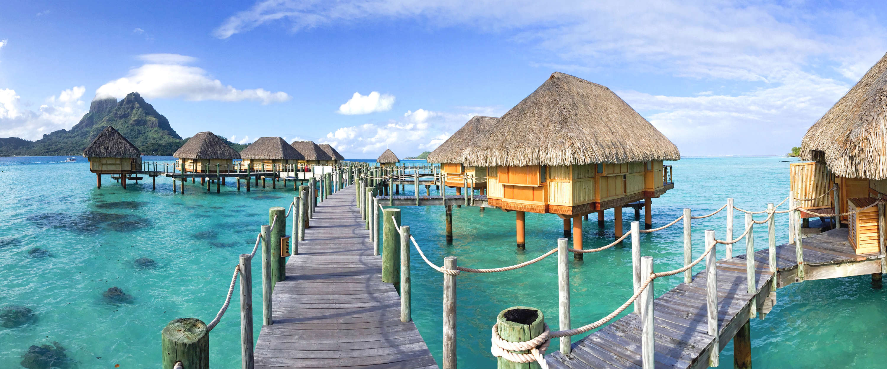 Overwater Bungalows, Thatched Roofs, Wooden Walkway, Turquoise Water, Tropical Island