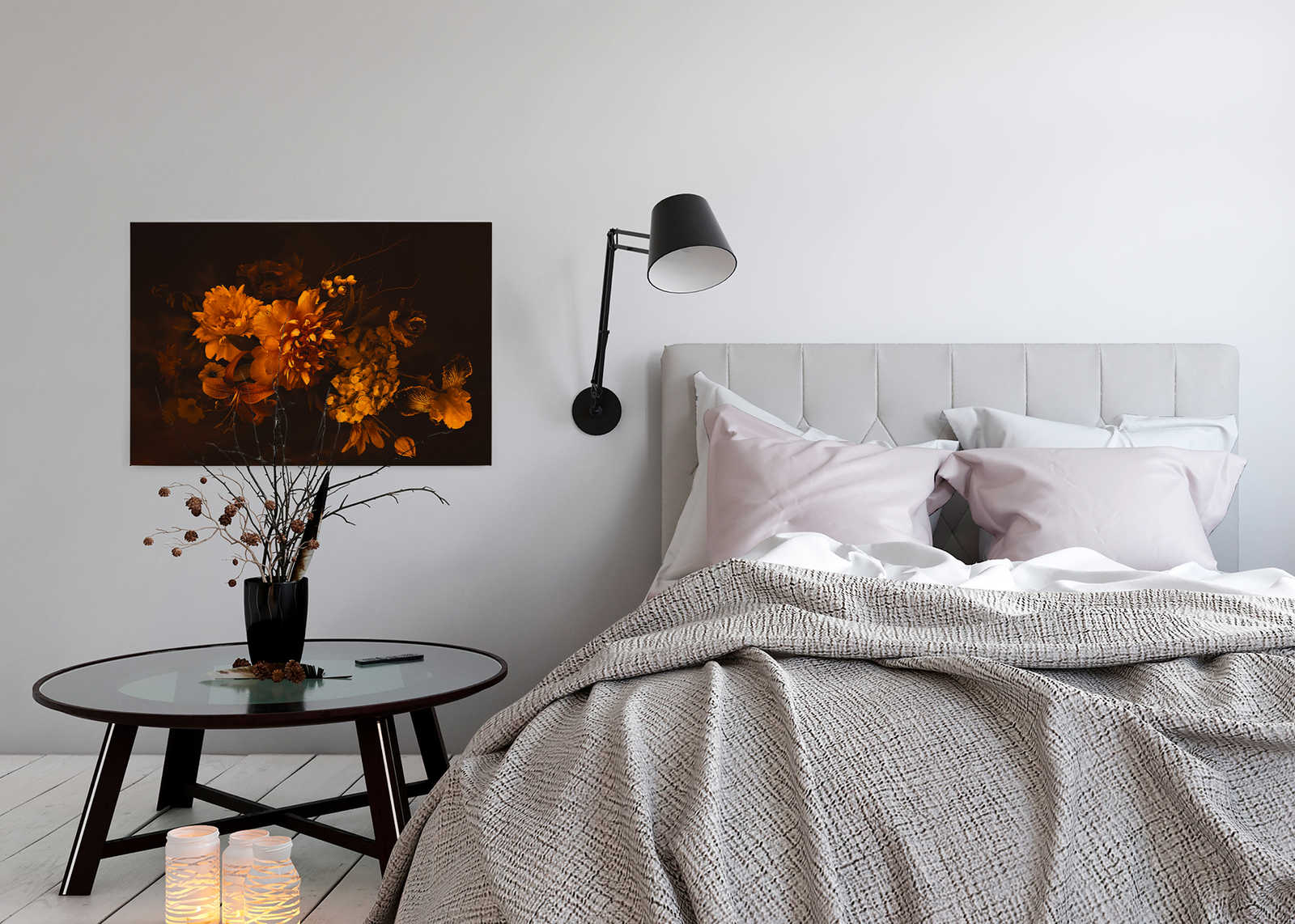             Leinwand mit Botanical-Style Blumenstrauß | orange schwarz – 0,90 m x 0,60 m
        